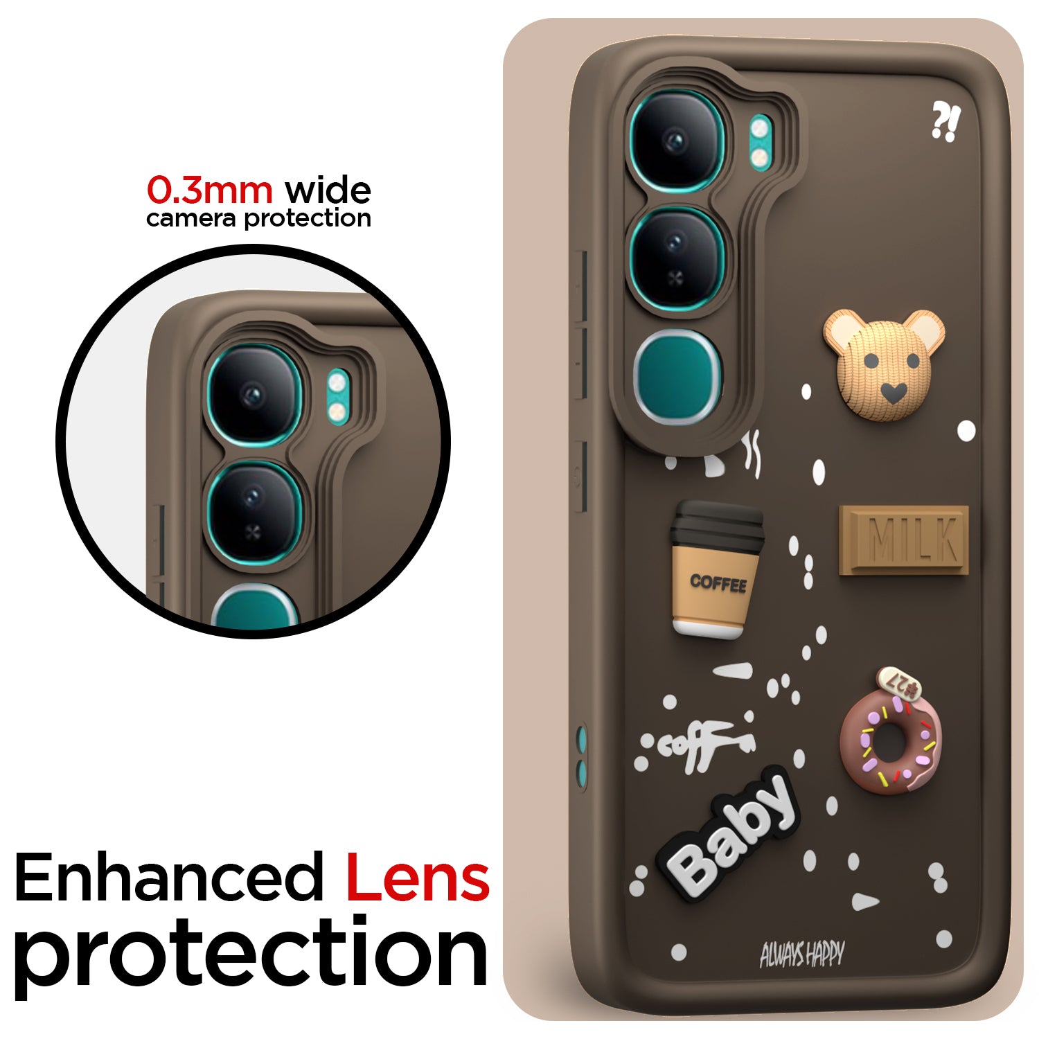 Pikkme Vivo Y300 5G Cute Fun Cartoon 3D Bear Coffee Back Cover (Brown)