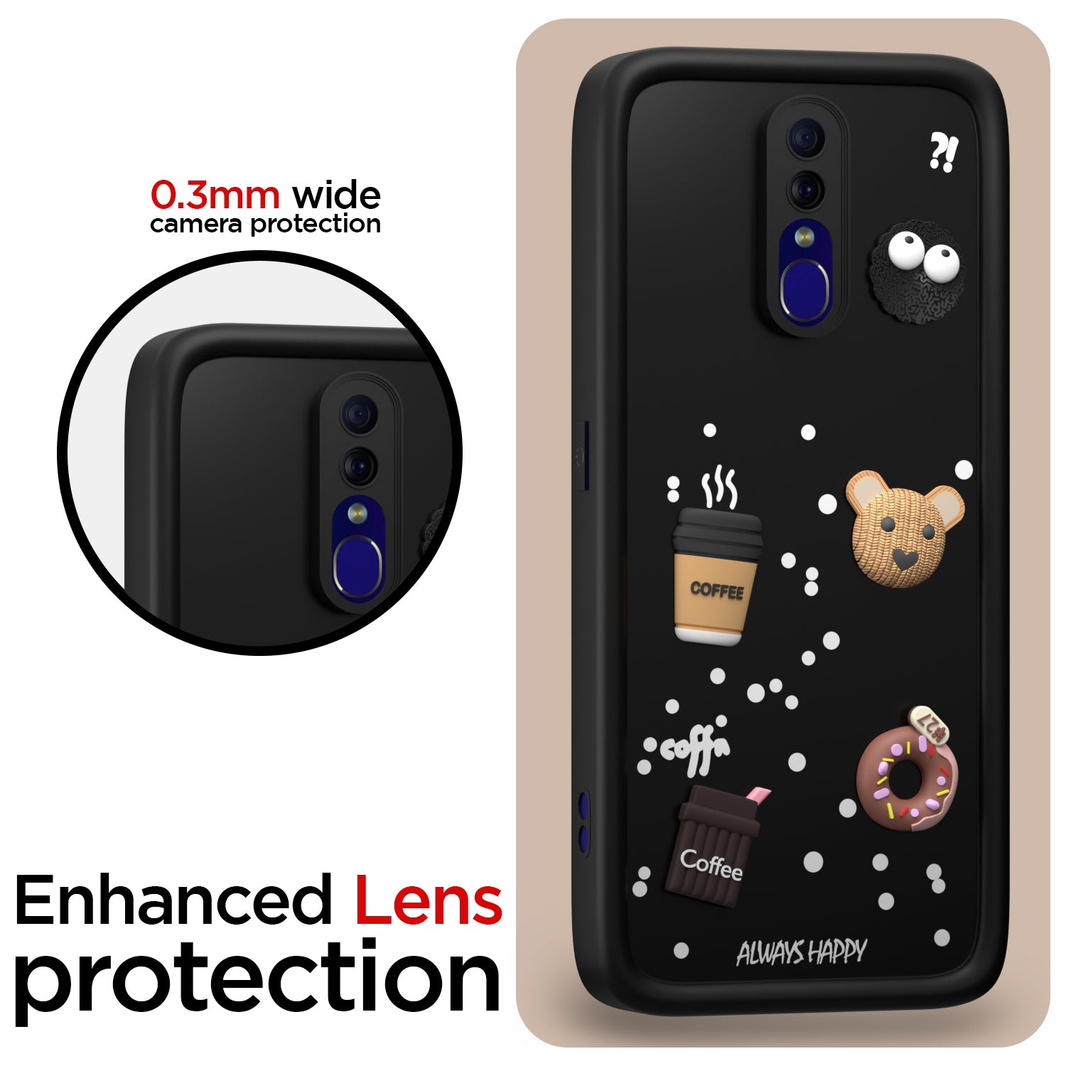 Pikkme Oppo F11 Cute Fun Cartoon 3D Bear Coffee Back Cover (Black)