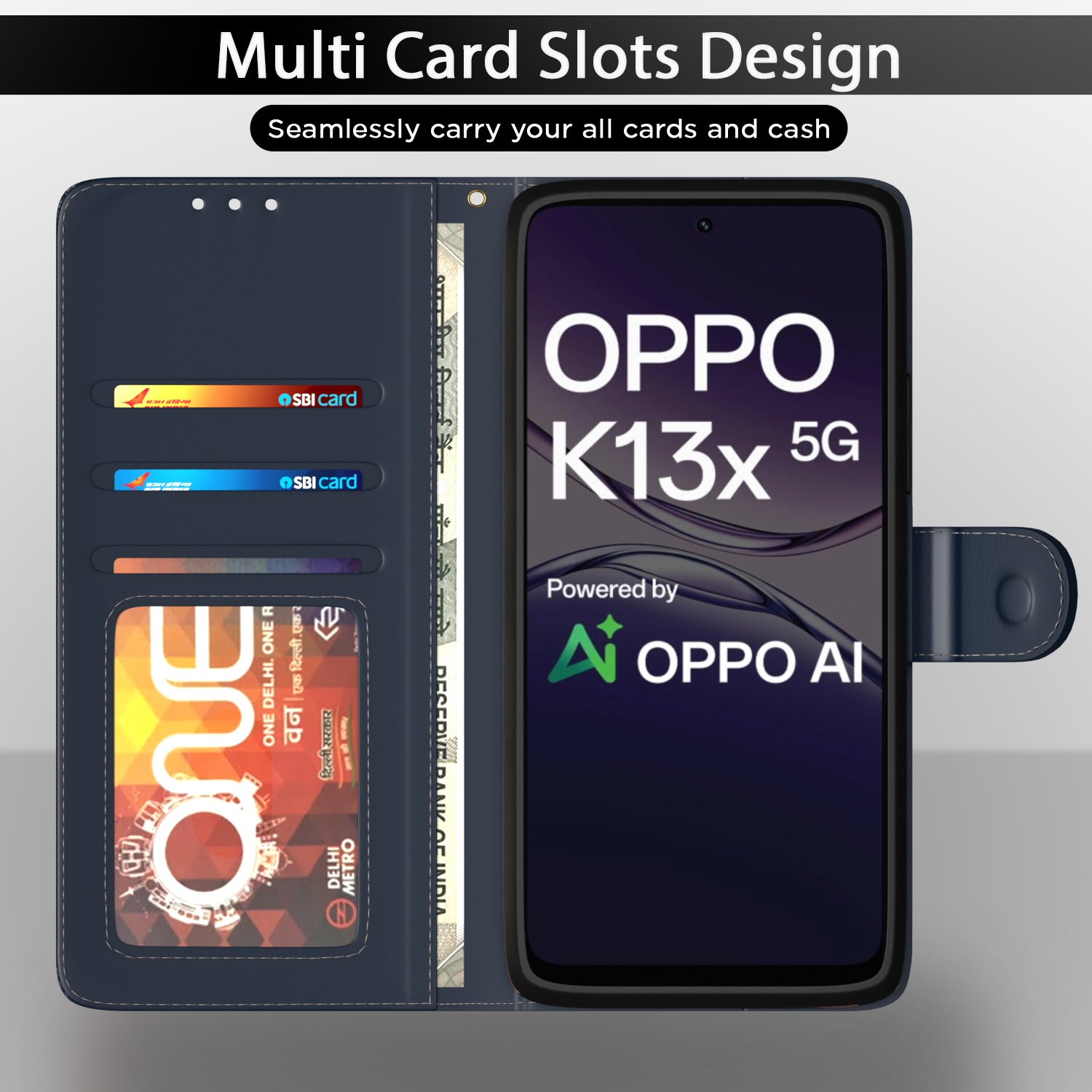 Pikkme Oppo K13x 5G Double Contrast Leather Finish Flip Cover (Blue)