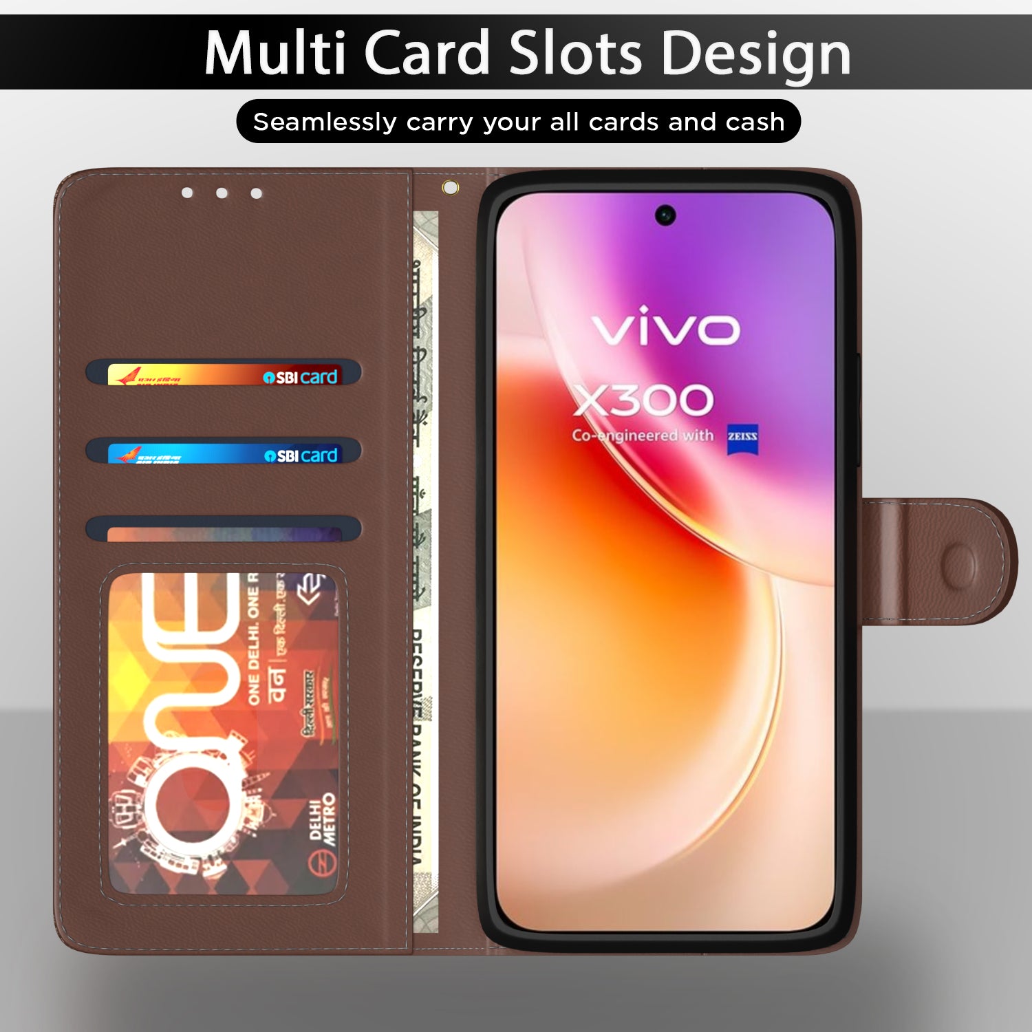 Pikkme Vivo X300 5G Double Contrast Leather Finish Flip Cover (Tan)