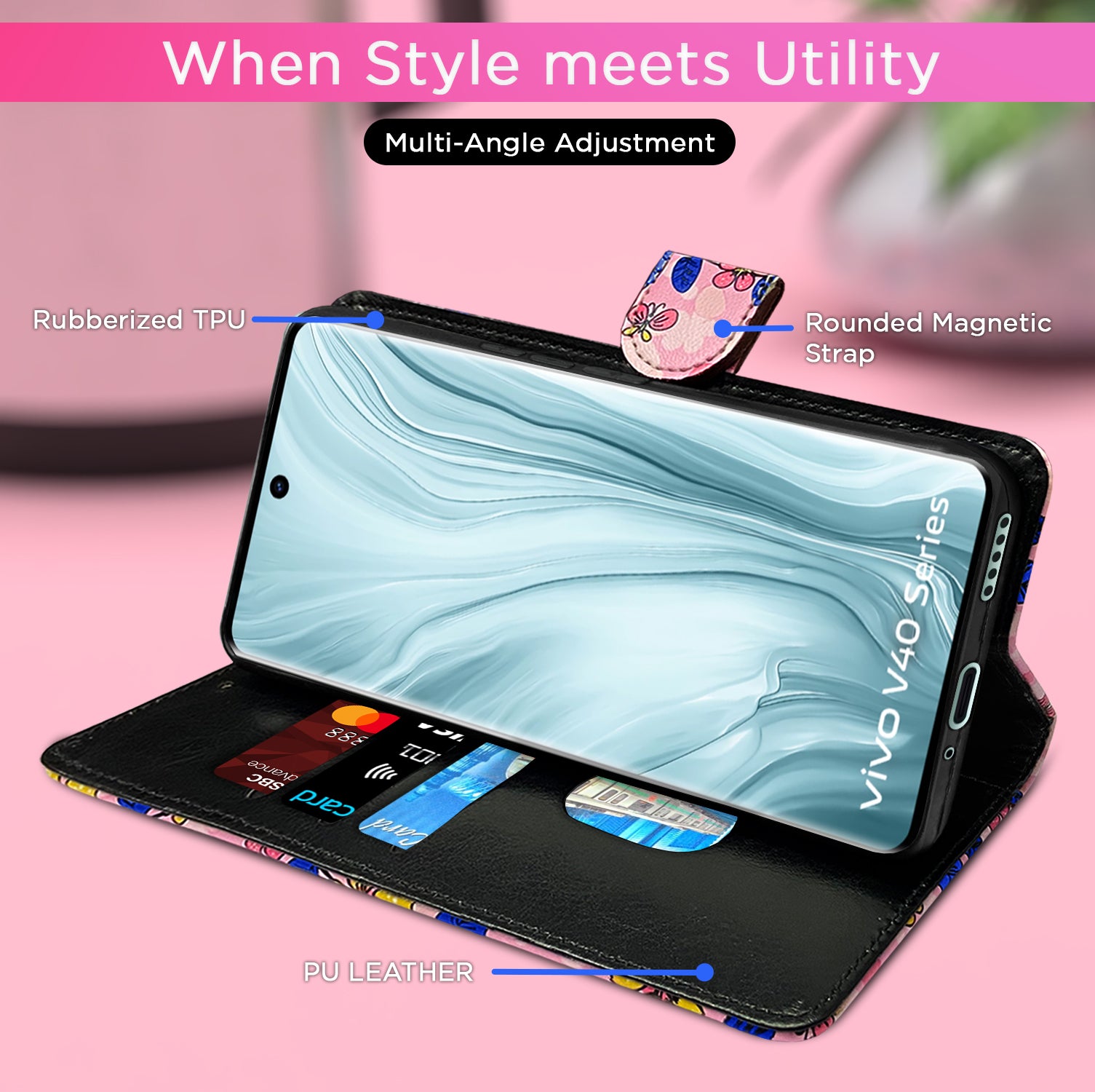 Pikkme Vivo V40 5G Flower Flip Cover (Pink)