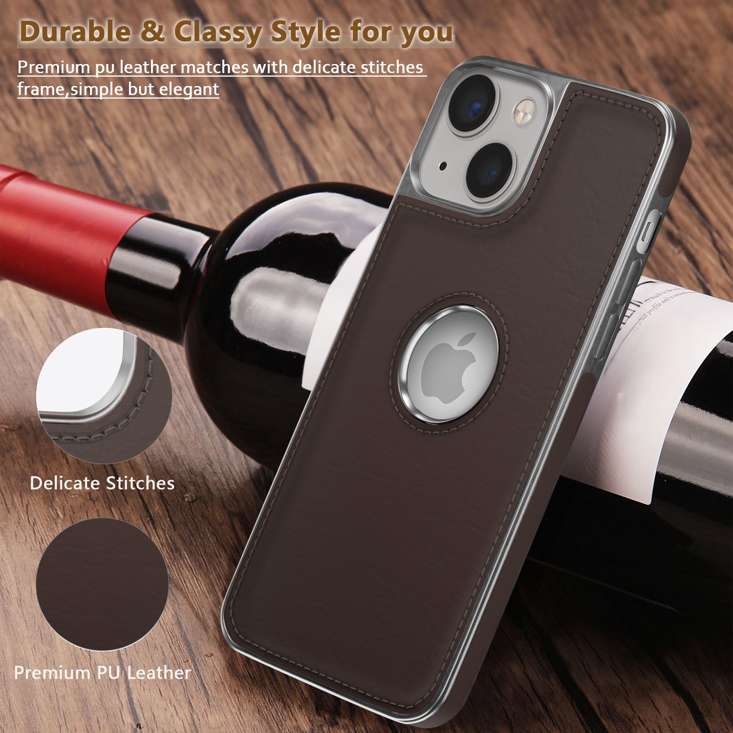 Pikkme iPhone 14 Plus Silver Electroplated Chrome Leather Back Cover (Coffee)