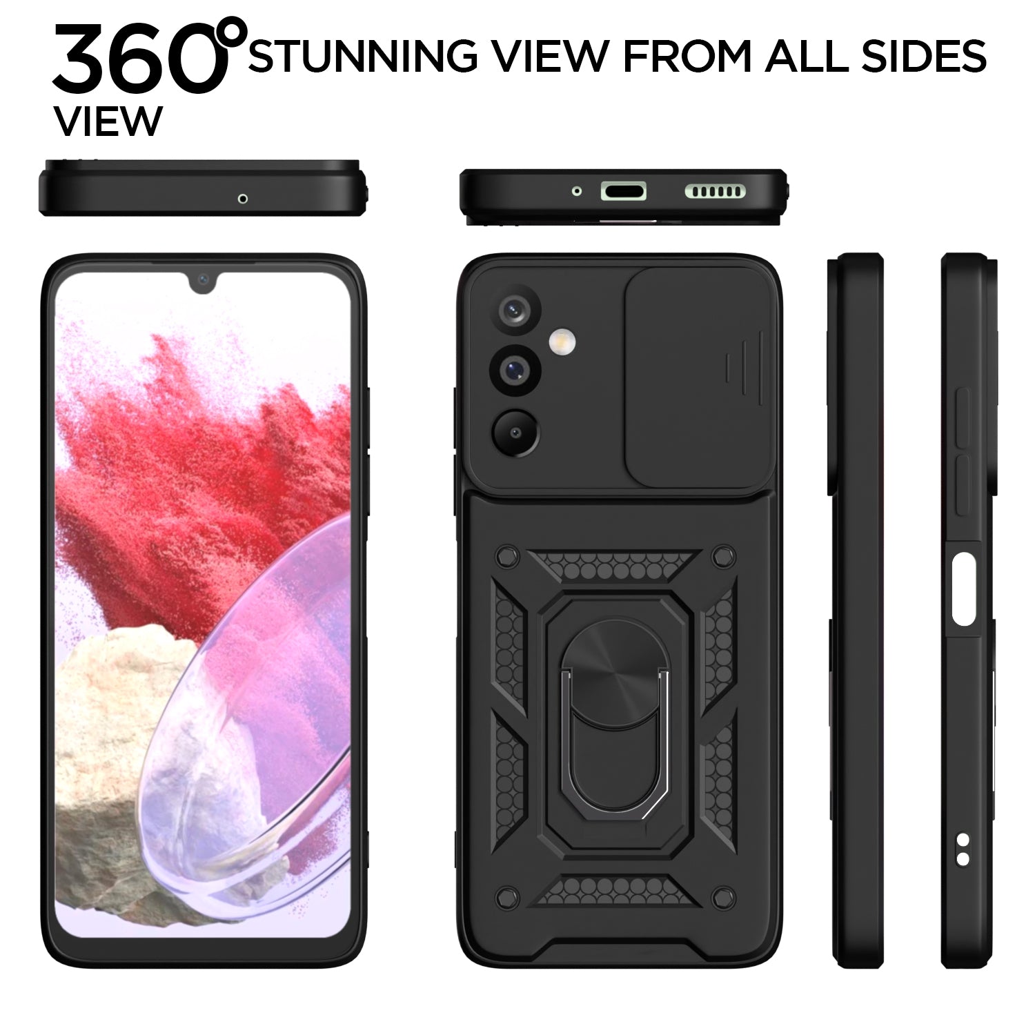 Pikkme Samsung Galaxy M16 5G Sliding Camera Shield & Stand D10 Tough Armor Back Cover (Black)