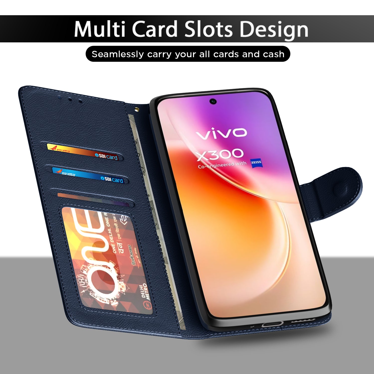 Pikkme Vivo X300 5G Premium Leather Finish Vintage Flip Cover (Blue)