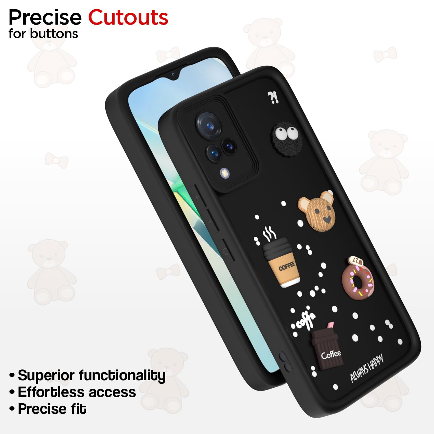 Pikkme Vivo V21 5G Cute Fun Cartoon 3D Bear Coffee Back Cover (Black)