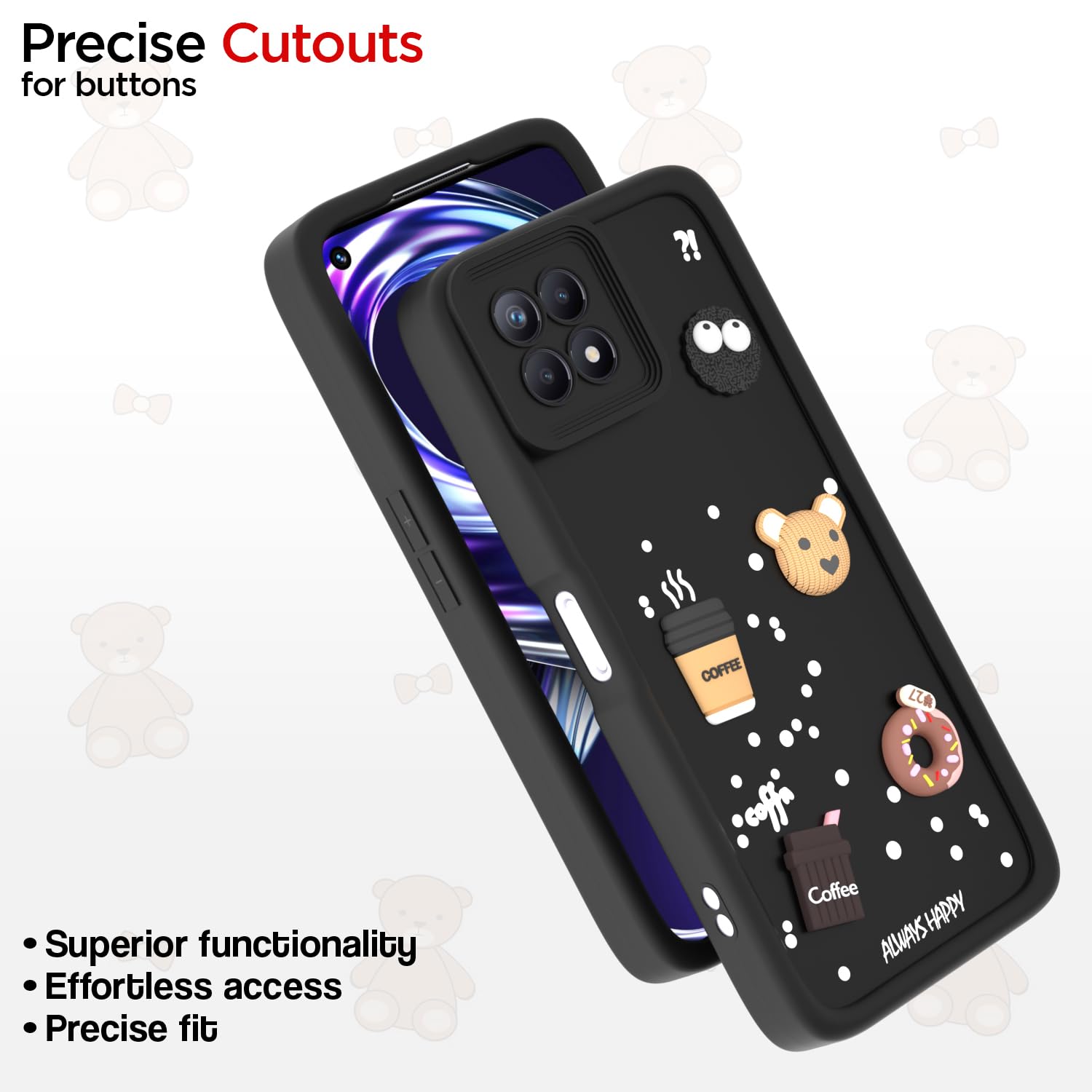 Pikkme Realme Narzo 50 4G / Realme 8i 4G Cute Fun Cartoon 3D Bear Coffee Back Cover (Black)