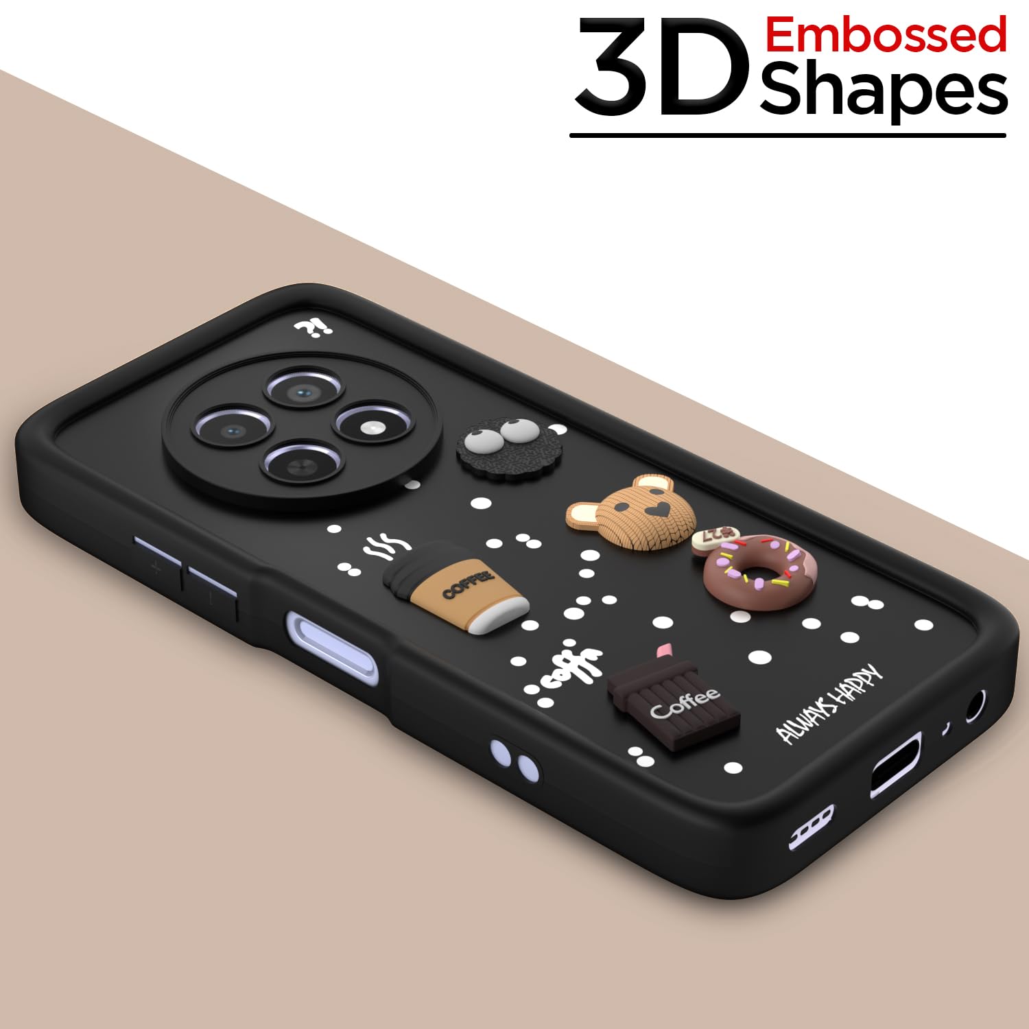 Pikkme Realme Narzo 70x 5G / N65 / Realme 13/12 / 12X 5G / C65 Cute Fun Cartoon 3D Bear Coffee Back Cover (Black)