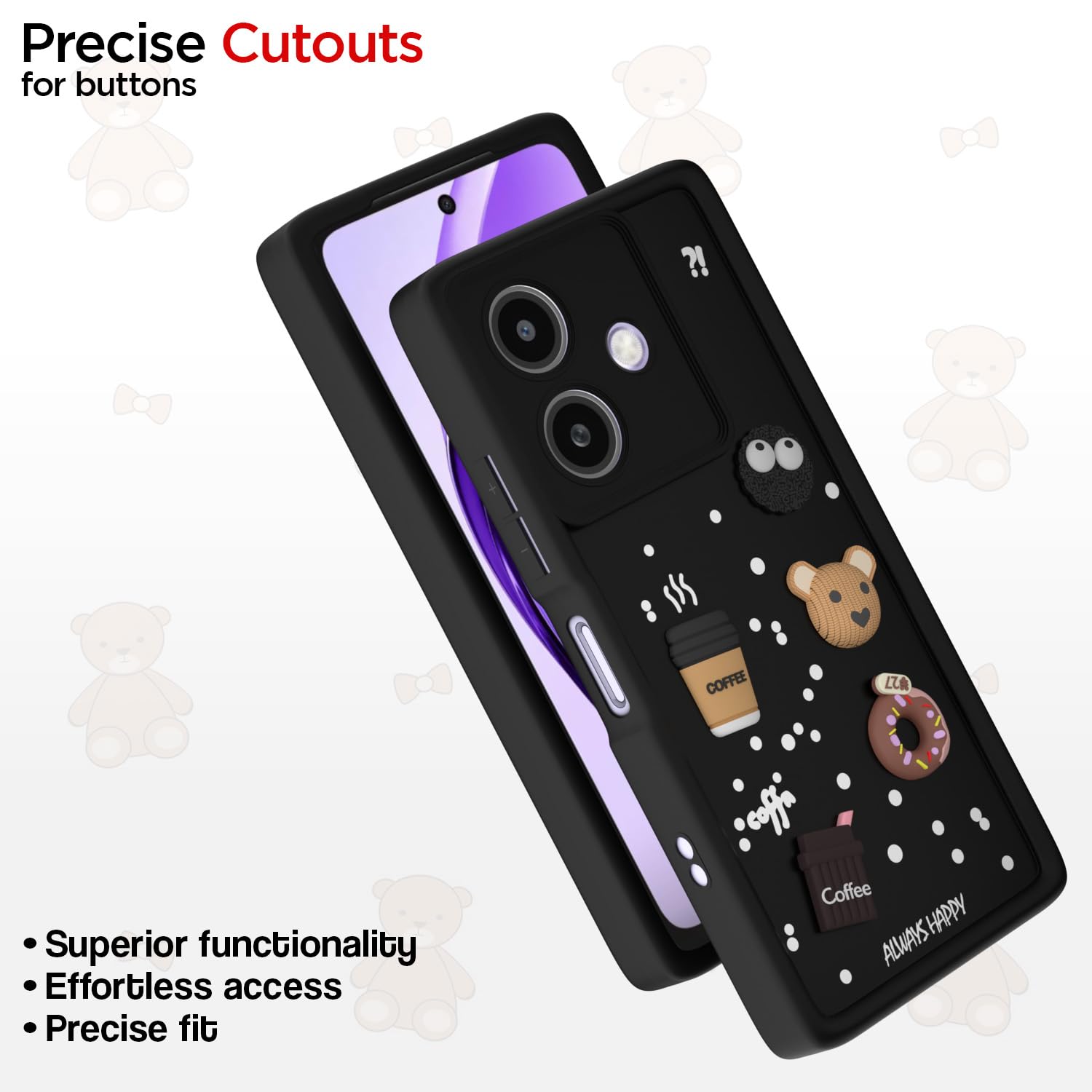 Pikkme Oppo A3x 5G / A3x 4G / A3 5G Cute Fun Cartoon 3D Bear Coffee Back Cover (Black)