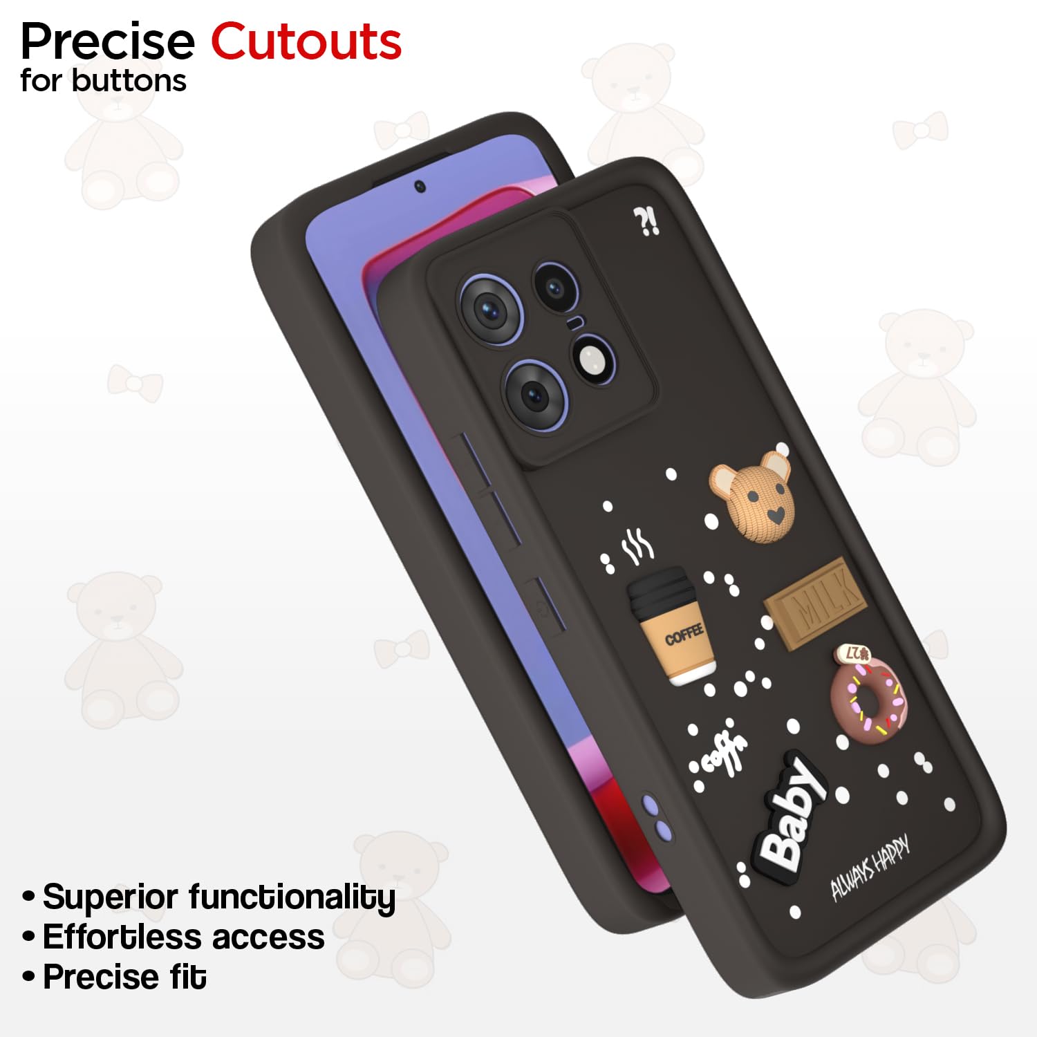 Pikkme Motorola Moto Edge 50 Pro 5G Cute Fun Cartoon 3D Bear Coffee Back Cover (Black)