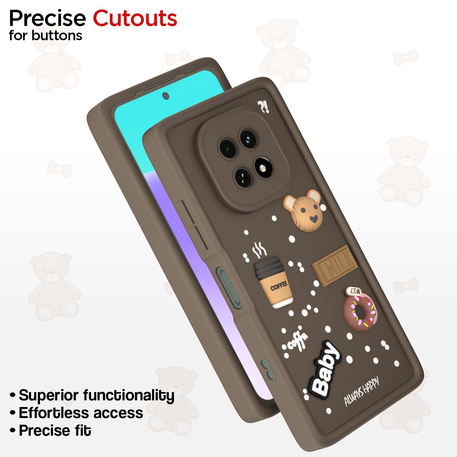 Pikkme Realme C63 5G Cute Fun Cartoon 3D Bear Coffee Back Cover (Brown)