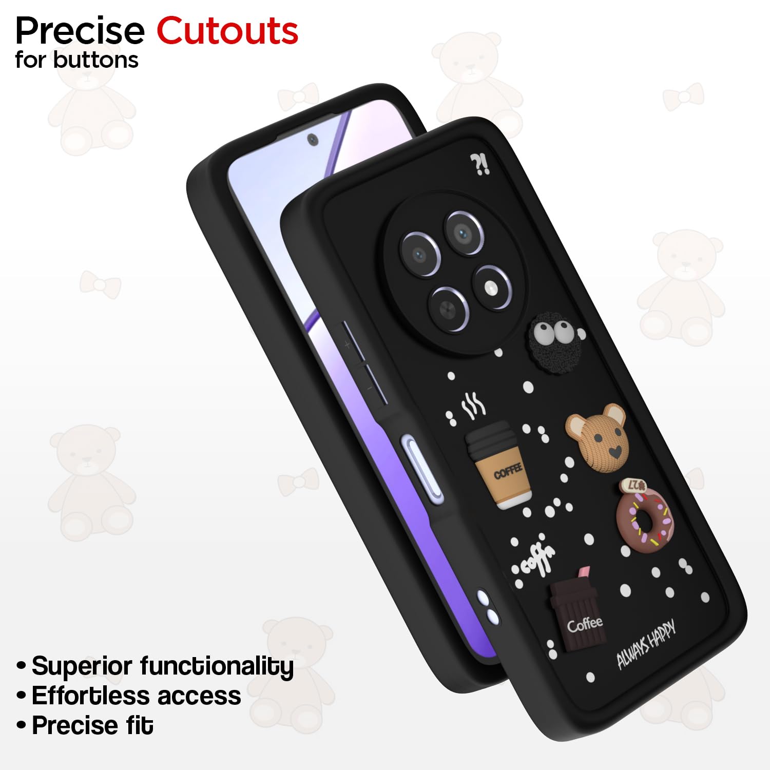 Pikkme Realme Narzo 70x 5G / N65 / Realme 13/12 / 12X 5G / C65 Cute Fun Cartoon 3D Bear Coffee Back Cover (Black)