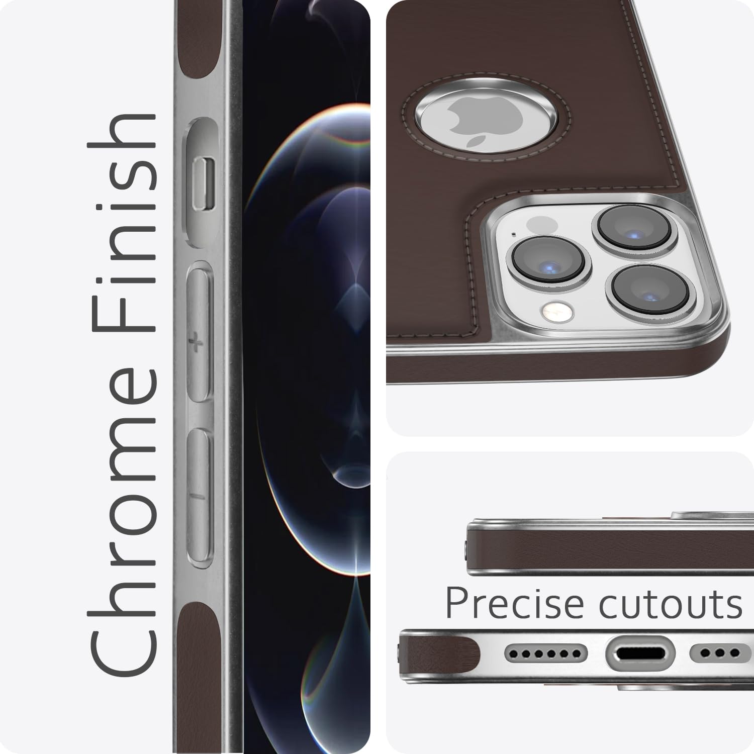 Pikkme iPhone 12 Pro Max Silver Electroplated Chrome Leather Back Cover (Coffee)