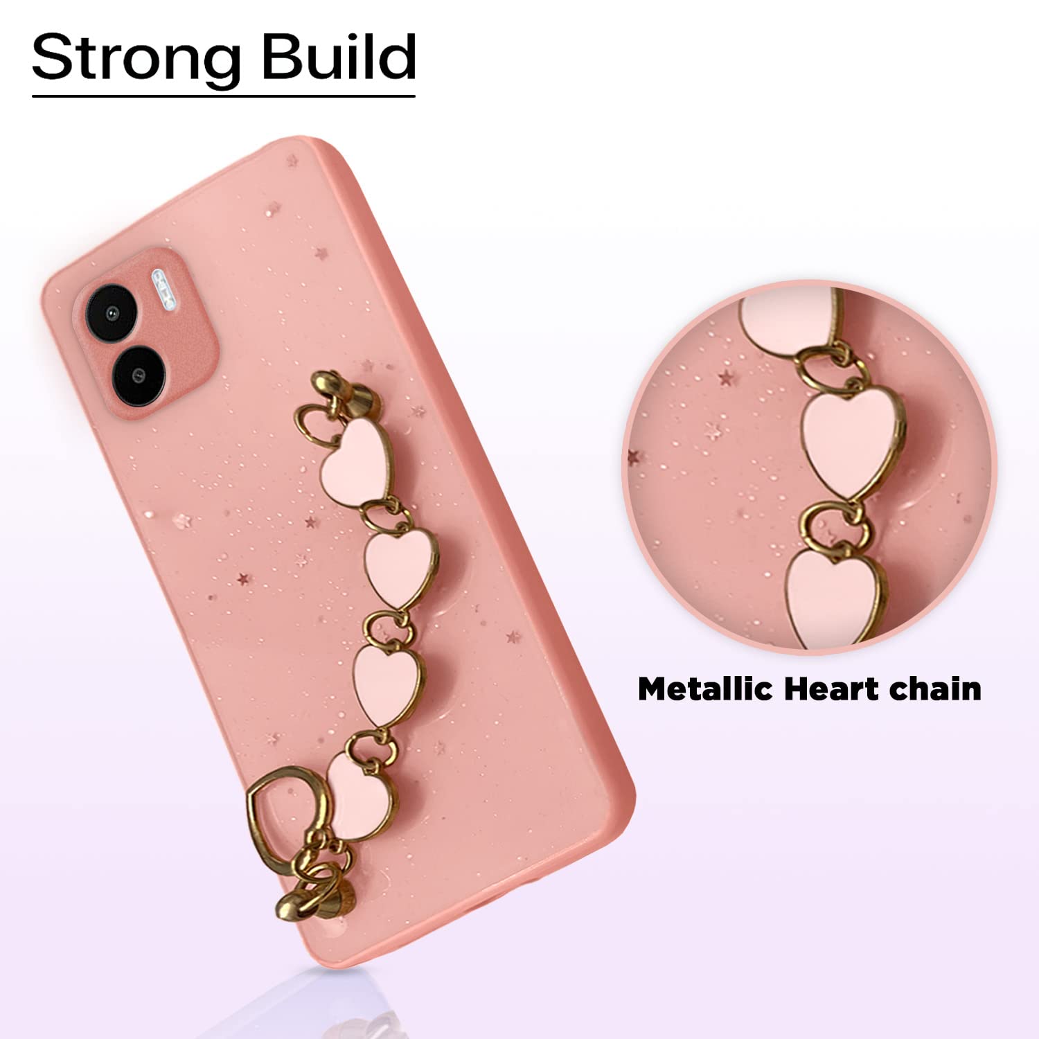 Pikkme Redmi A1 | Redmi A2 Back Cover for Girls | Heart Shaped Metal Chain Blocks | Sparkling Soft TPU | Case for Redmi A1 | Redmi A2 (Pink)
