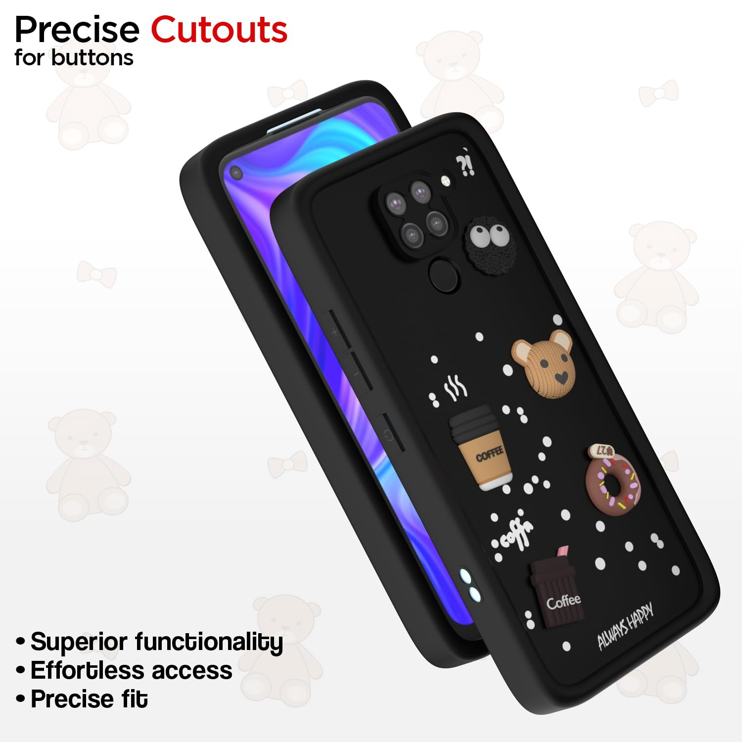 Pikkme Redmi Note 9 Cute Fun Cartoon 3D Bear Coffee Back Cover (Black)