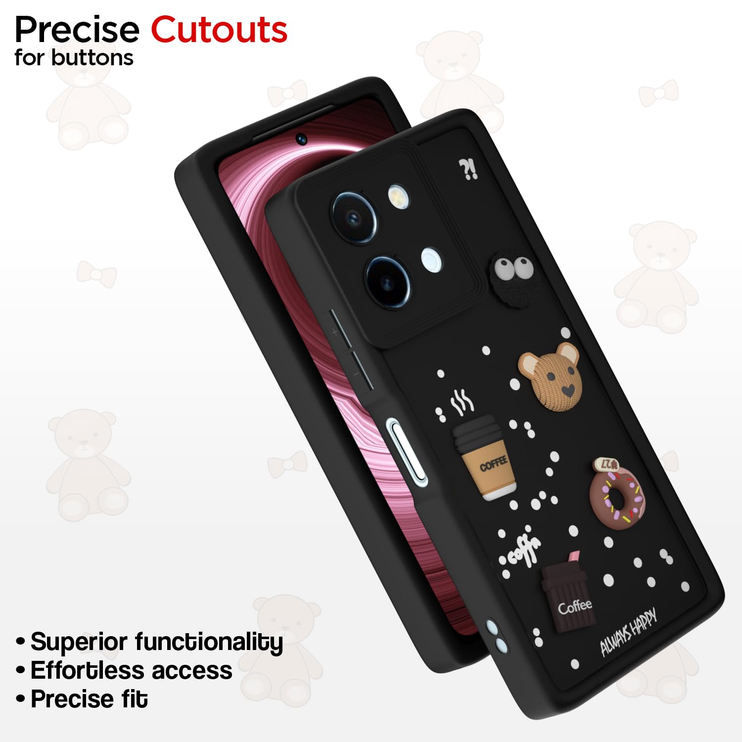 Pikkme Vivo T3x 5G / Vivo Y200i 5G Cute Fun Cartoon 3D Bear Coffee Back Cover (Black)