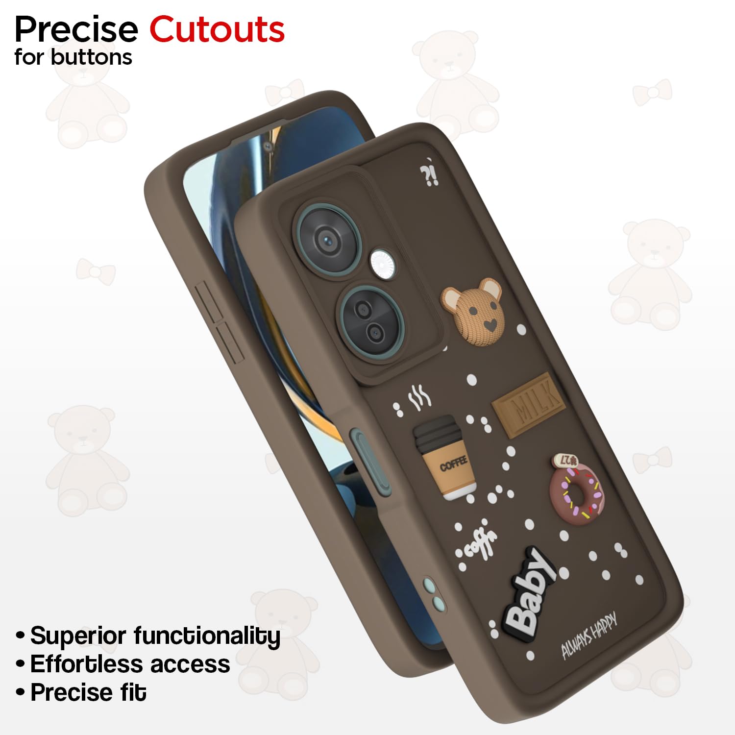 Pikkme OnePlus Nord CE 3 Lite 5G / OnePlus Nord N30 5G Cute Fun Cartoon 3D Bear Coffee Back Cover (Brown)