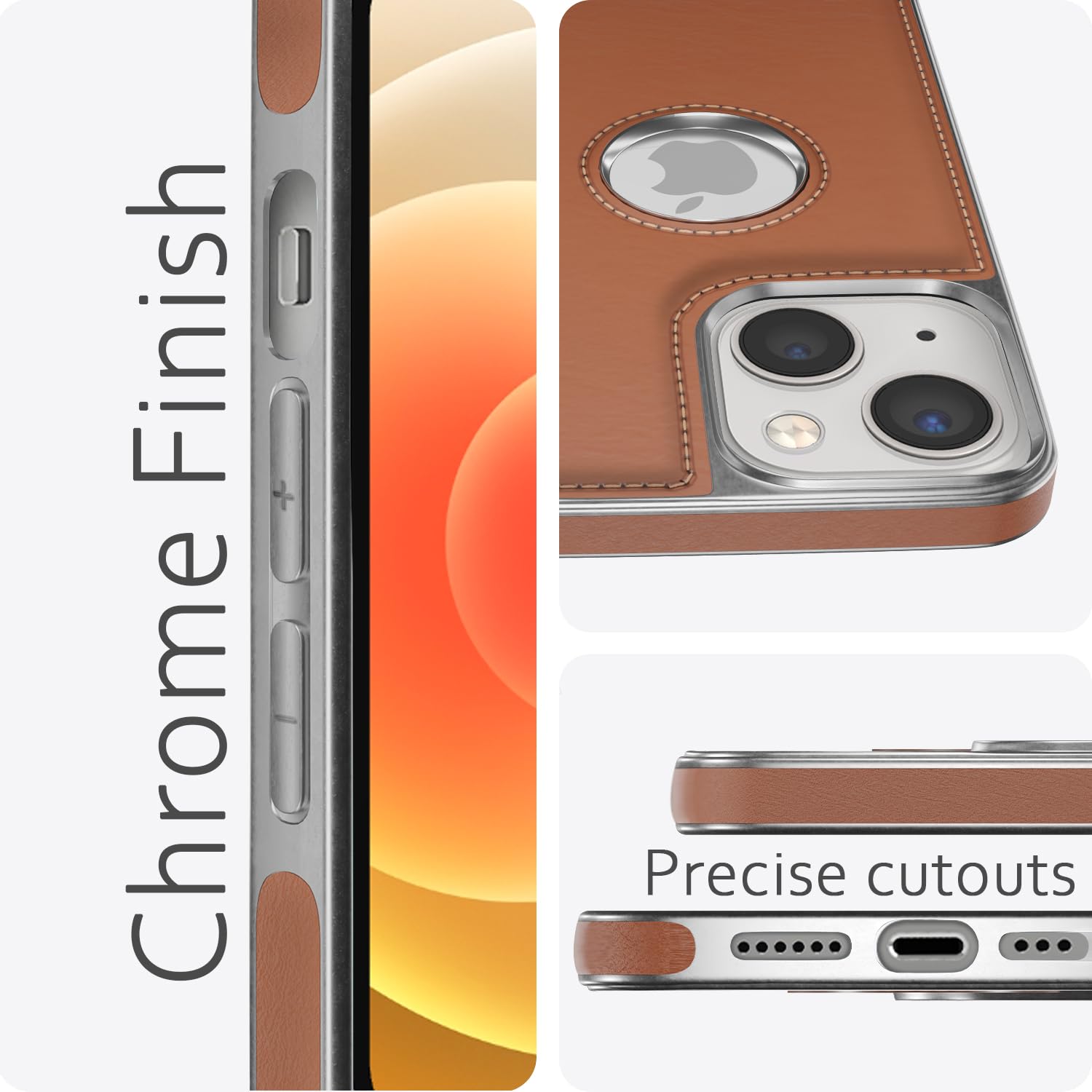 Pikkme iPhone 13 Silver Electroplated Chrome Leather Back Cover (Tan)