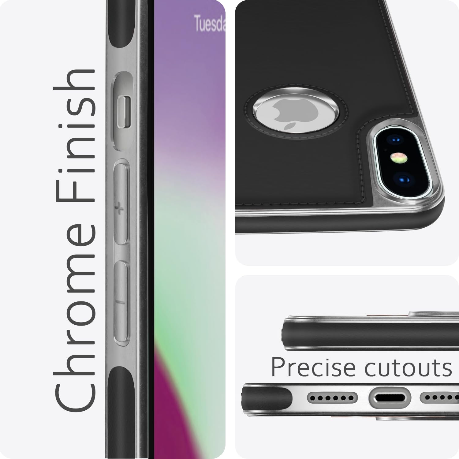 Pikkme iPhone Xs Max Silver Electroplated Chrome Leather Back Cover (Black)