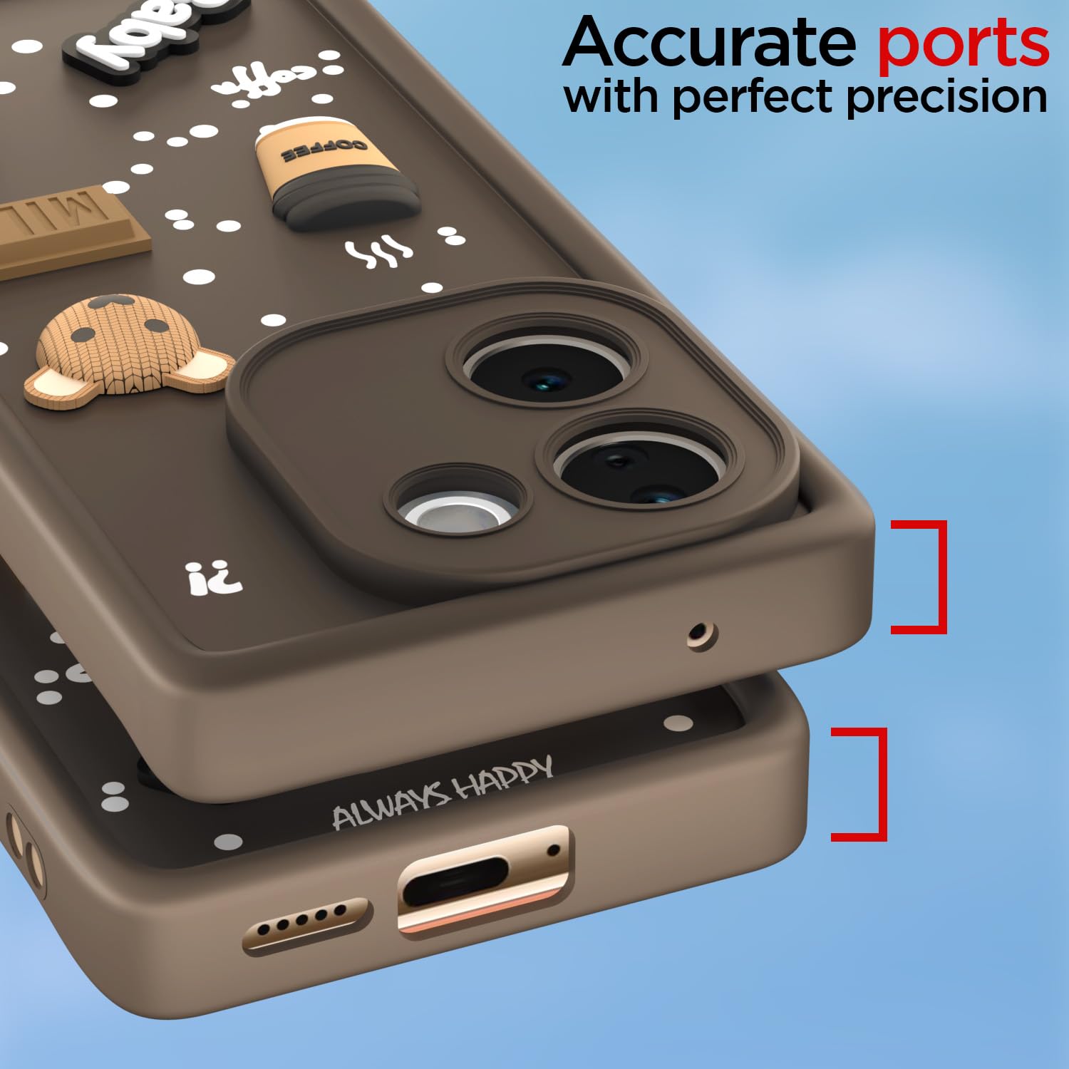 Pikkme Vivo T3 Pro 5G / iQOO Z9s Pro 5G Cute Fun Cartoon 3D Bear Coffee Back Cover (Brown)