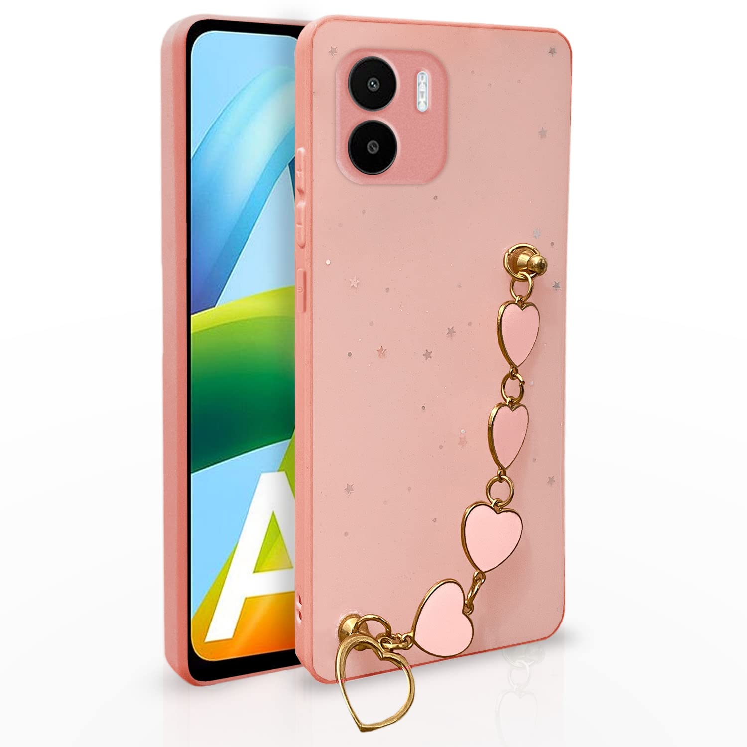 Pikkme Redmi A1 | Redmi A2 Back Cover for Girls | Heart Shaped Metal Chain Blocks | Sparkling Soft TPU | Case for Redmi A1 | Redmi A2 (Pink)