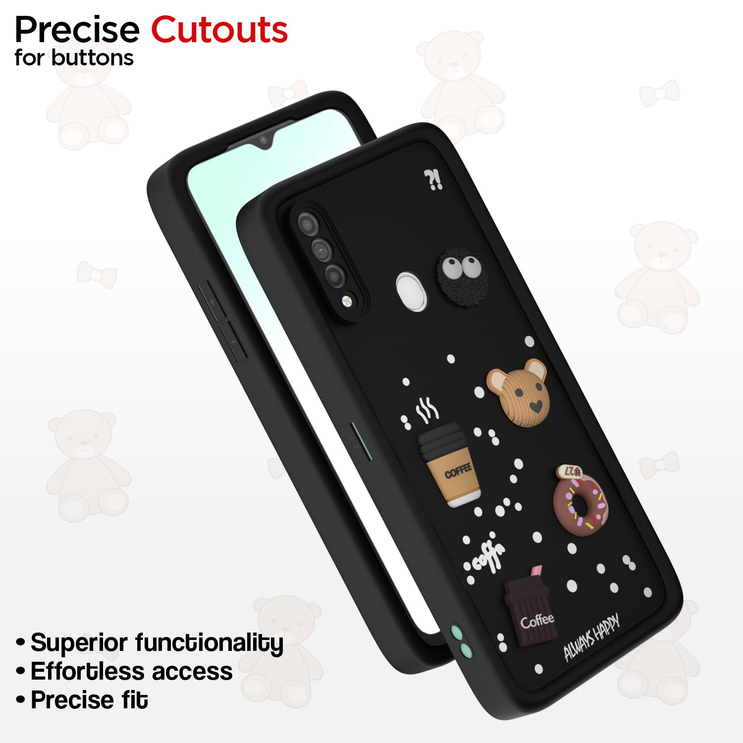 Pikkme Oppo A31 Cute Fun Cartoon 3D Bear Coffee Back Cover (Black)
