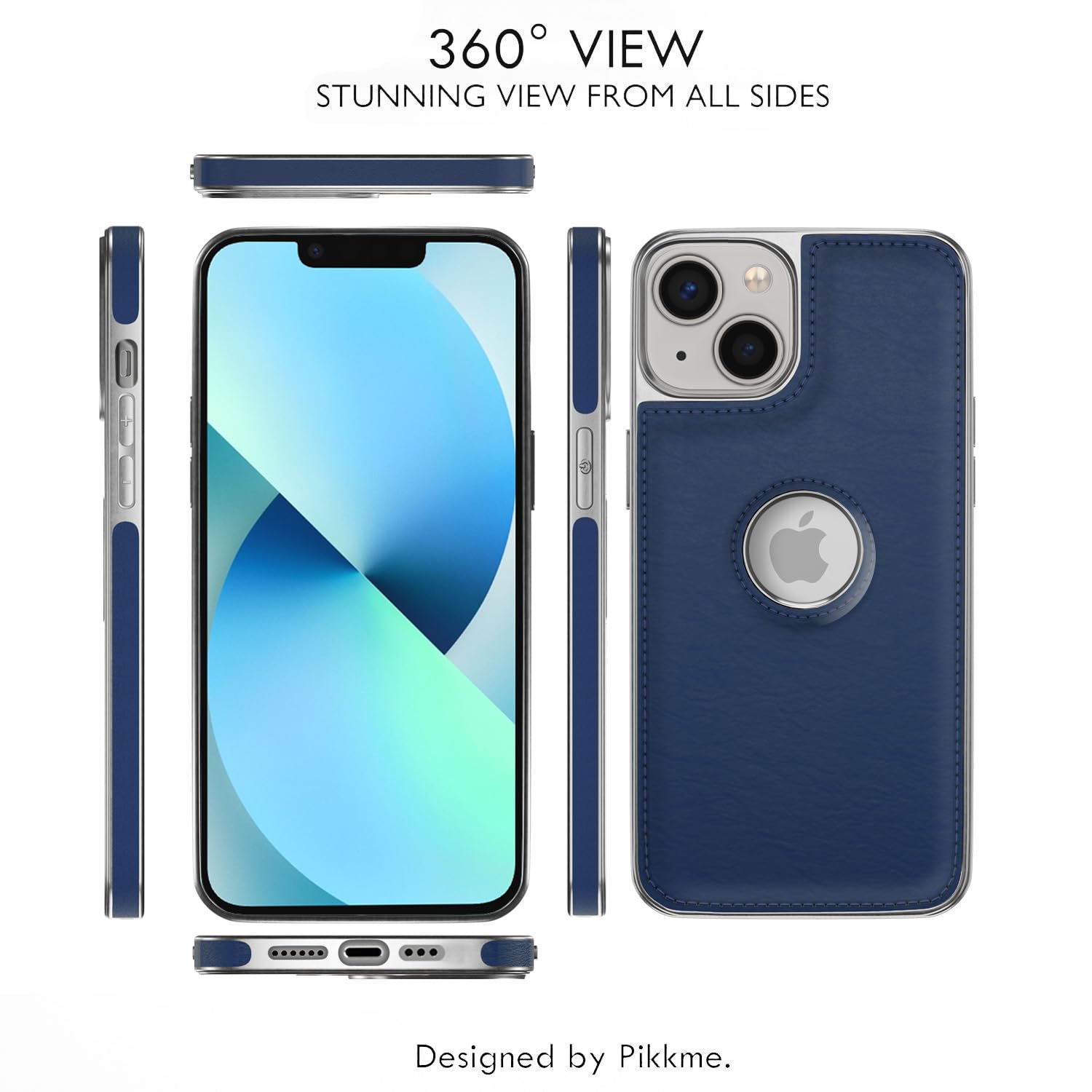 Pikkme iPhone 13 Silver Electroplated Chrome Leather Back Cover (Blue)
