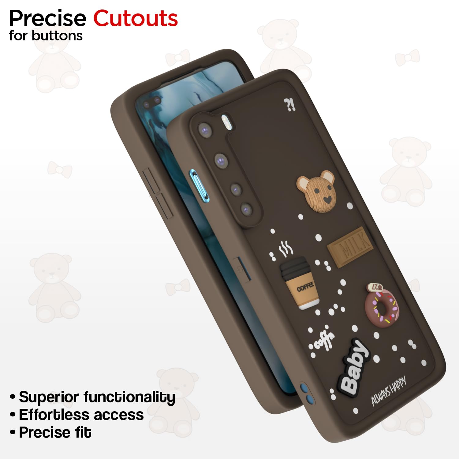 Pikkme Oneplus Nord (2020) Cute Fun Cartoon 3D Bear Coffee Back Cover (Brown)