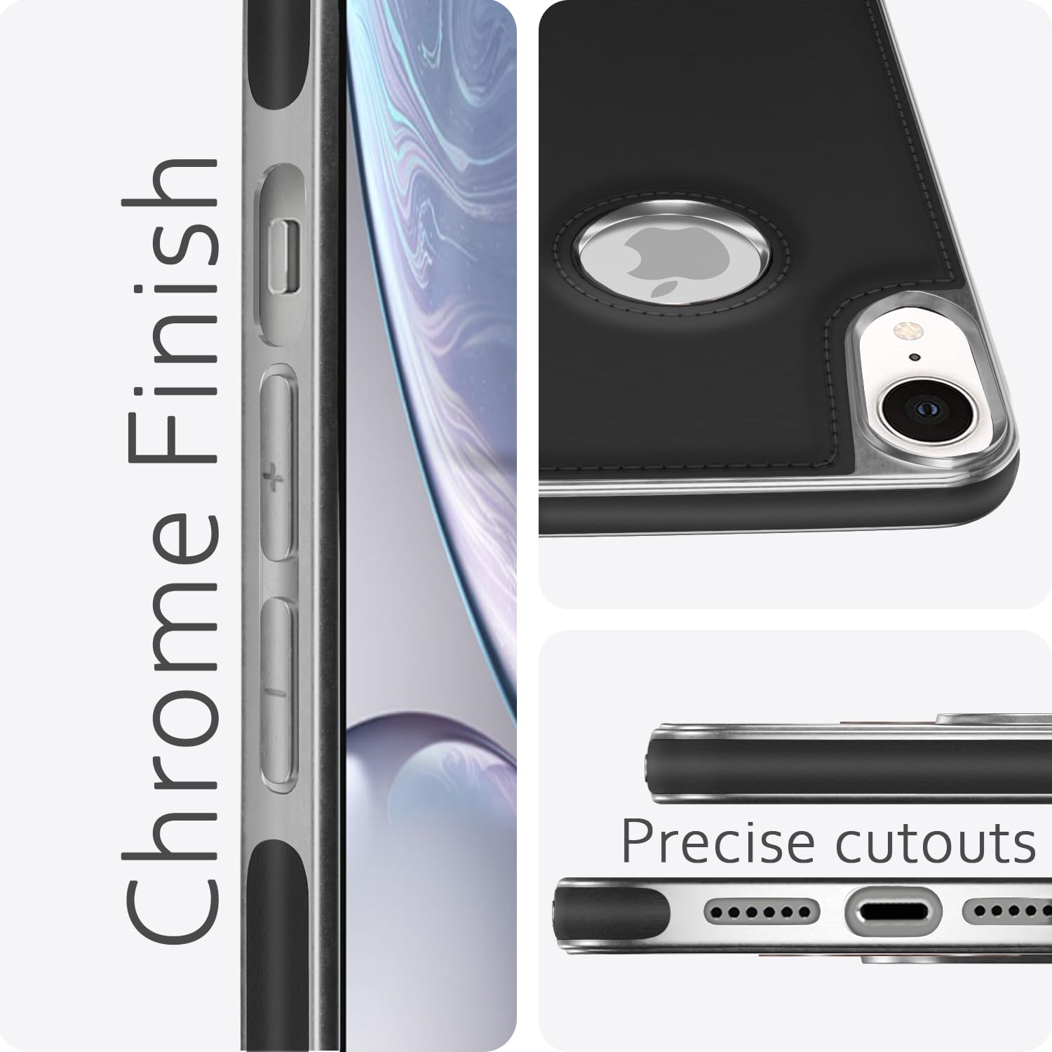 Pikkme iPhone XR Silver Electroplated Chrome Leather Back Cover (Black)