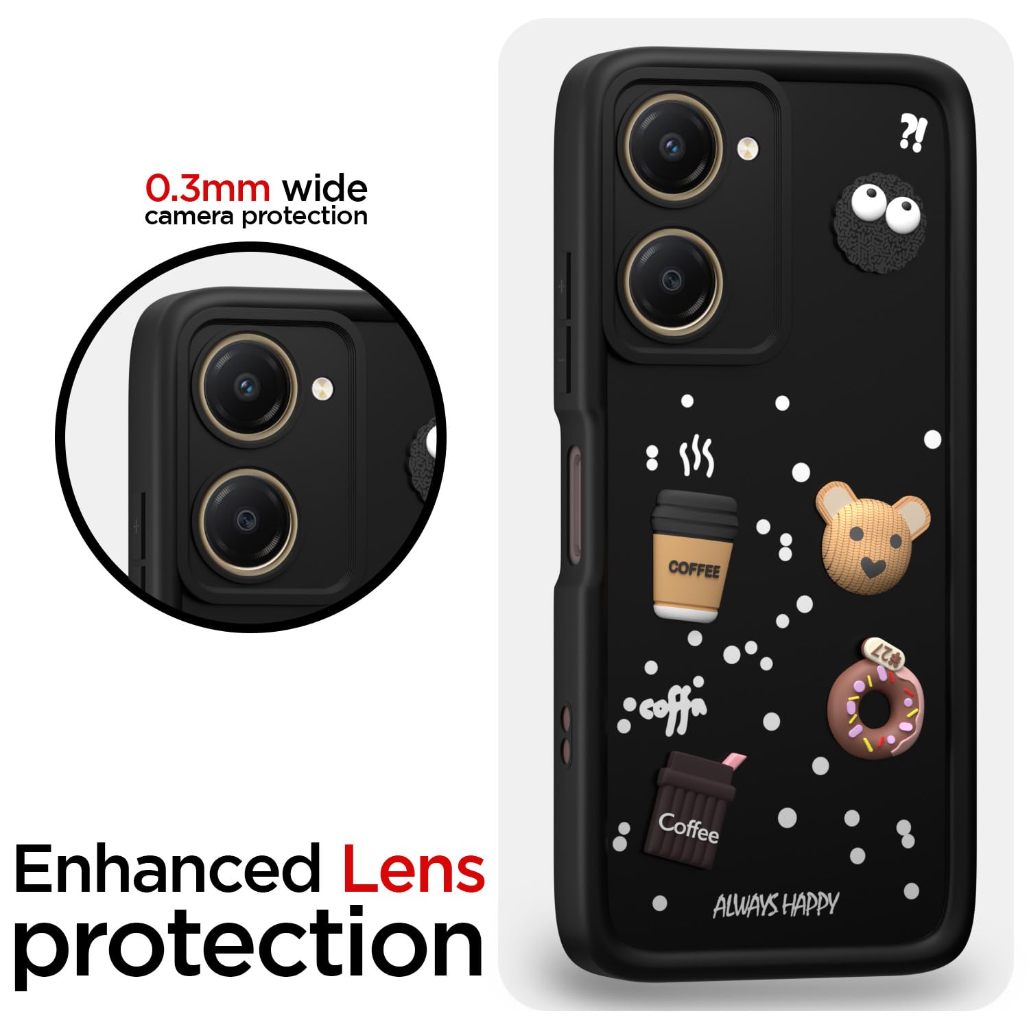 Pikkme iQOO Z9 Lite 5G / Vivo T3 Lite 5G / Vivo Y18 / Y18e / Y03 Cute Fun Cartoon 3D Bear Coffee Back Cover (Black)