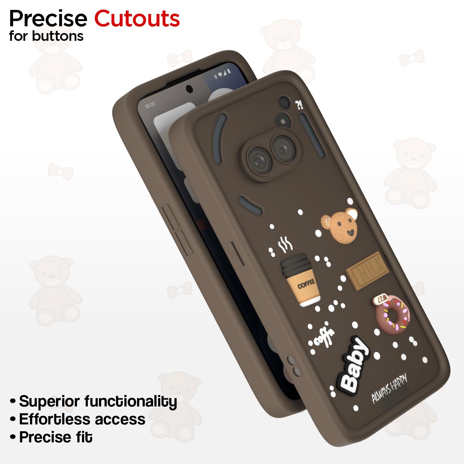 Pikkme Nothing Phone 2A / Nothing Phone 2A Plus Cute Fun Cartoon 3D Bear Coffee Back Cover (Brown)