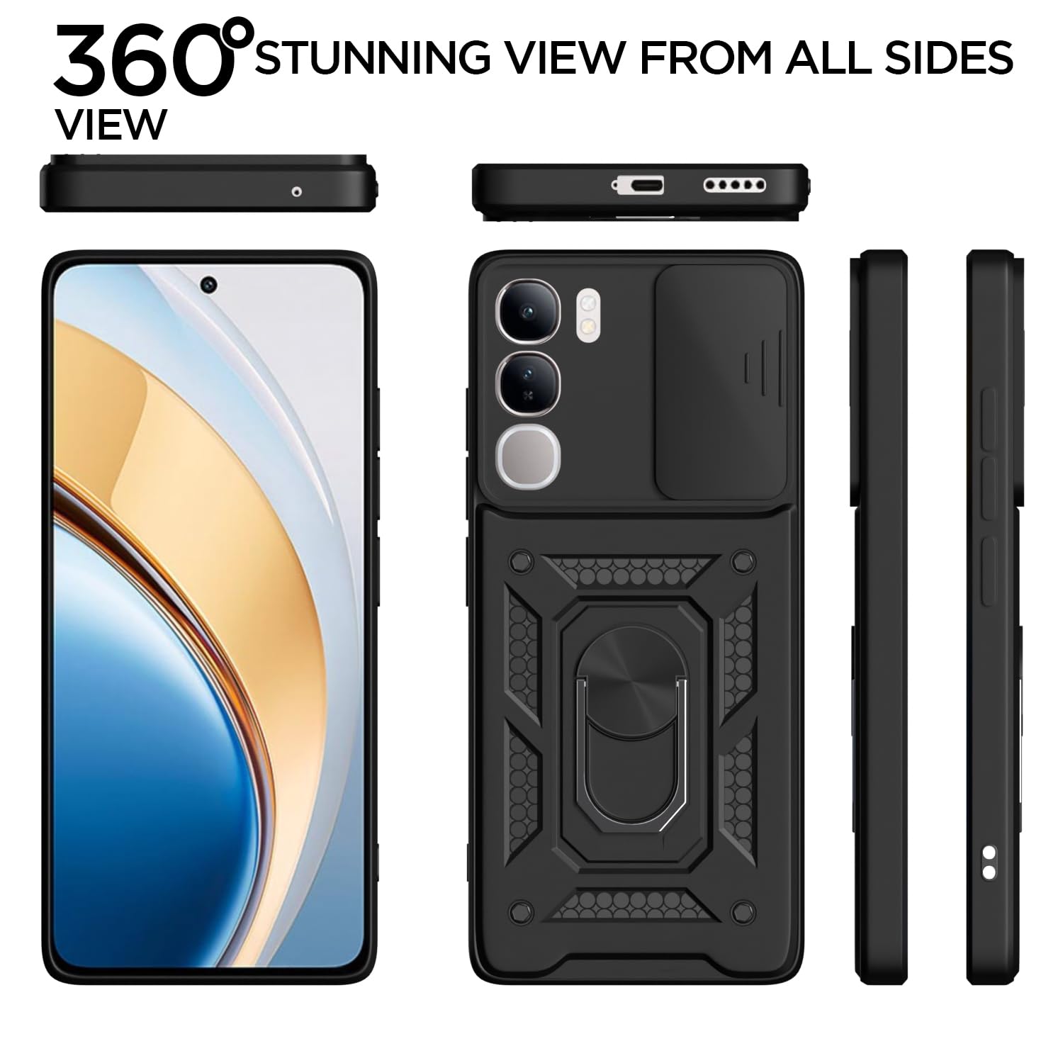 Pikkme Vivo Y300 5G / Vivo V40 Lite 5G Sliding Camera Shield & Stand D10 Tough Armor Back Cover (Black)