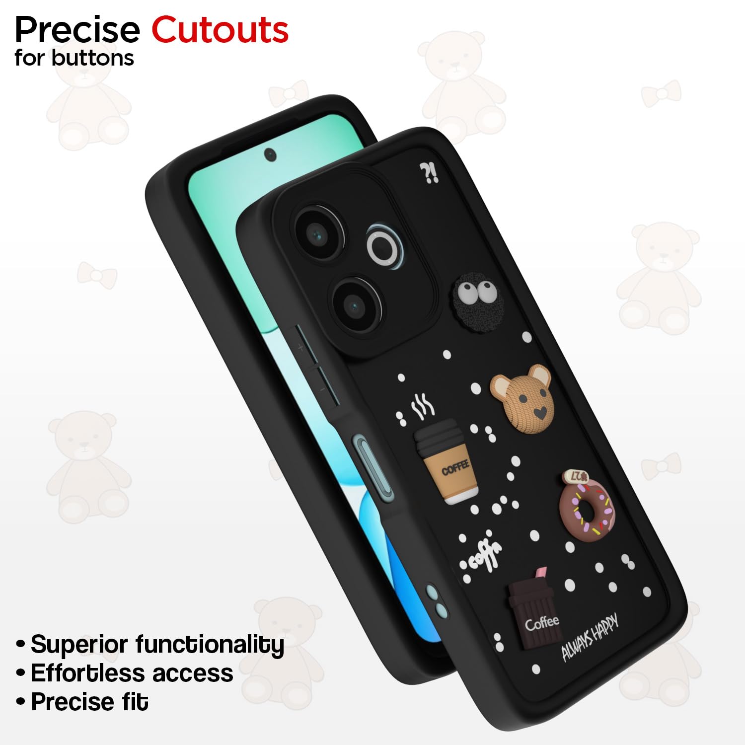 Pikkme Redmi 13 5G / Poco M6 Plus 5G Cute Fun Cartoon 3D Bear Coffee Back Cover (Black)