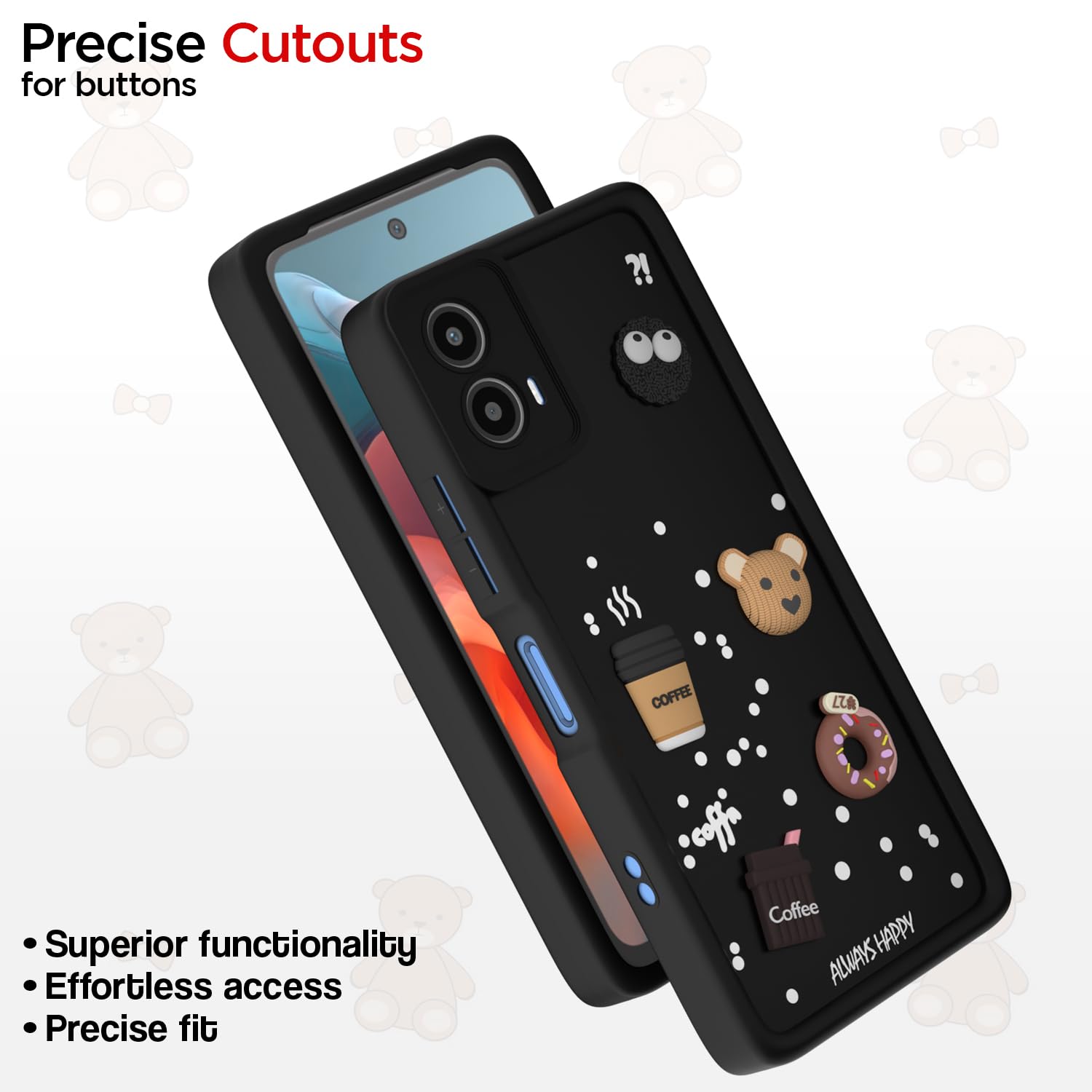 Pikkme Moto G34 / G45 5G Cute Fun Cartoon 3D Bear Coffee Back Cover (Black)