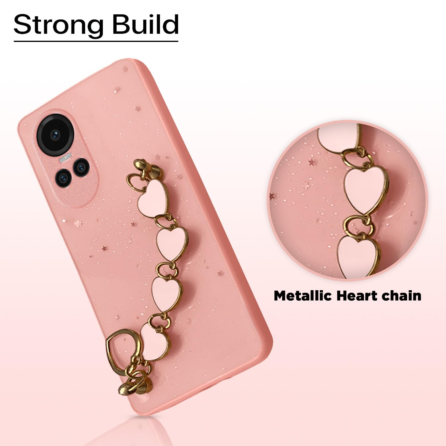 Pikkme Oppo Reno 10 5G Back Cover for Girls | Heart Shaped Metal Chain Blocks | Sparkling Soft TPU | Case for Oppo Reno 10 5G (Pink)