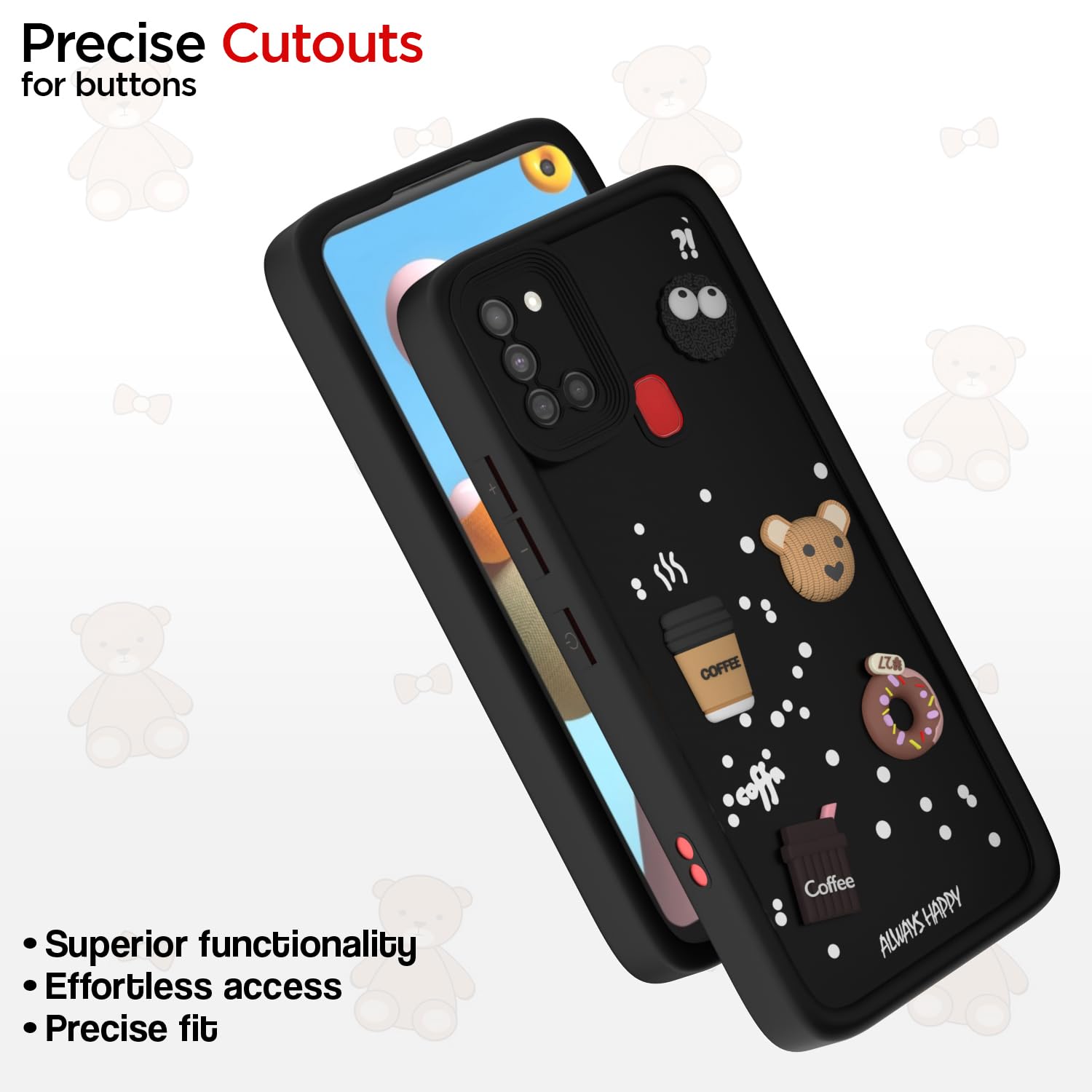 Pikkme Samsung Galaxy A21s Cute Fun Cartoon 3D Bear Coffee Back Cover (Black)