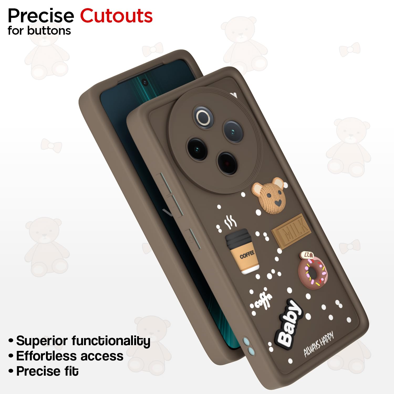 Pikkme Vivo T4 5G / iQoo Z10 5G Cute Fun Cartoon 3D Bear Coffee Back Cover (Brown)