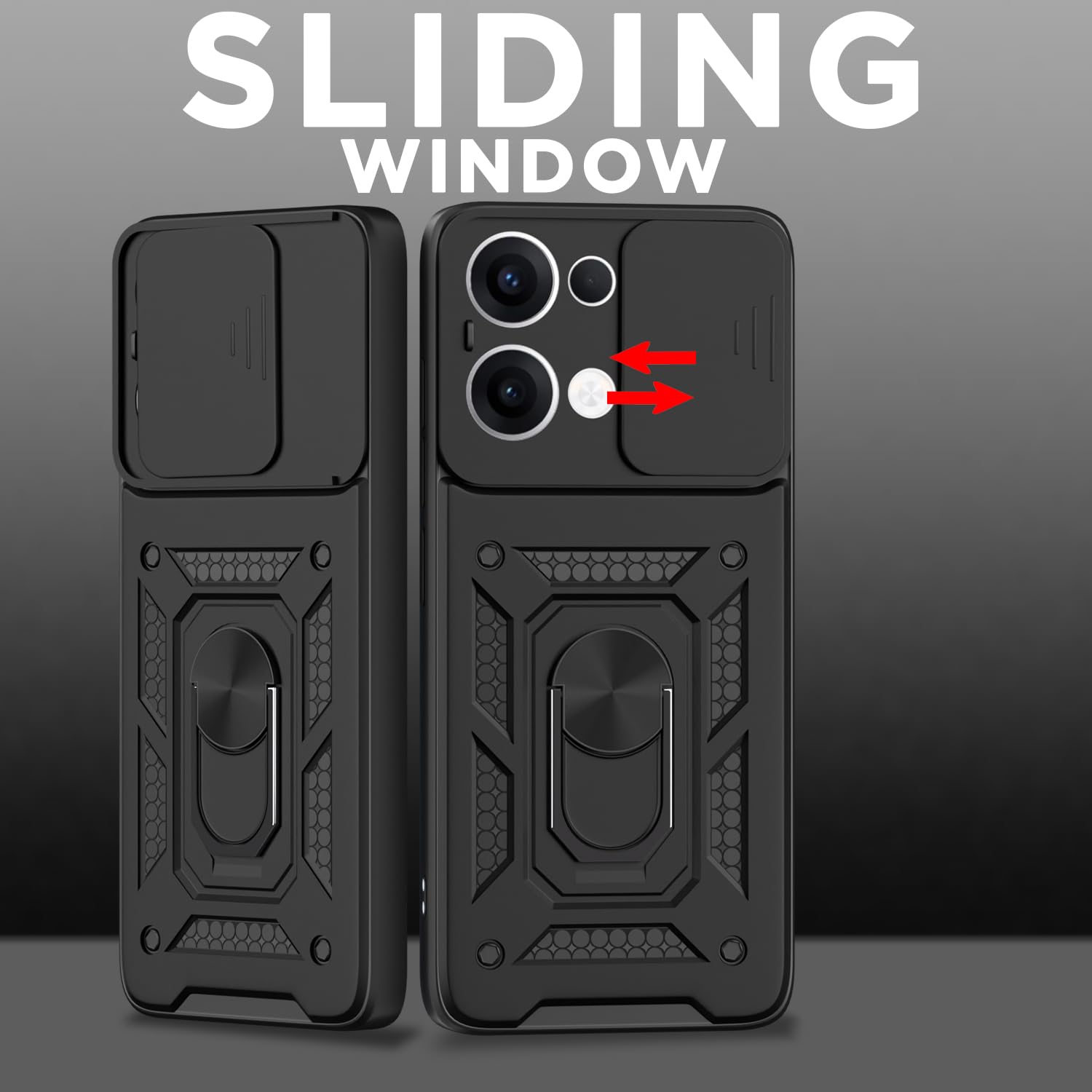 Pikkme Oppo Reno 13 5G Sliding Camera Shield & Stand D10 Tough Armor Back Cover (Black)