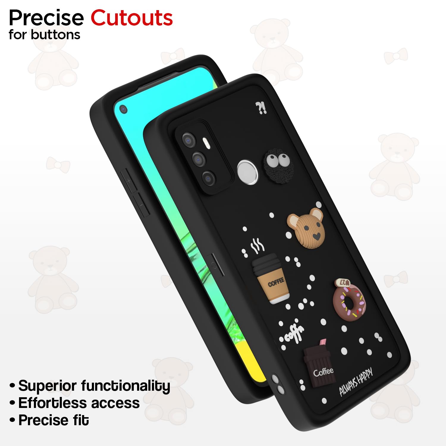 Pikkme Oppo A53 Cute Fun Cartoon 3D Bear Coffee Back Cover (Black)