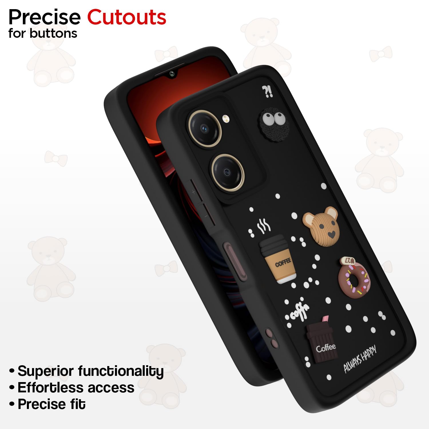 Pikkme iQOO Z9 Lite 5G / Vivo T3 Lite 5G / Vivo Y18 / Y18e / Y03 Cute Fun Cartoon 3D Bear Coffee Back Cover (Black)