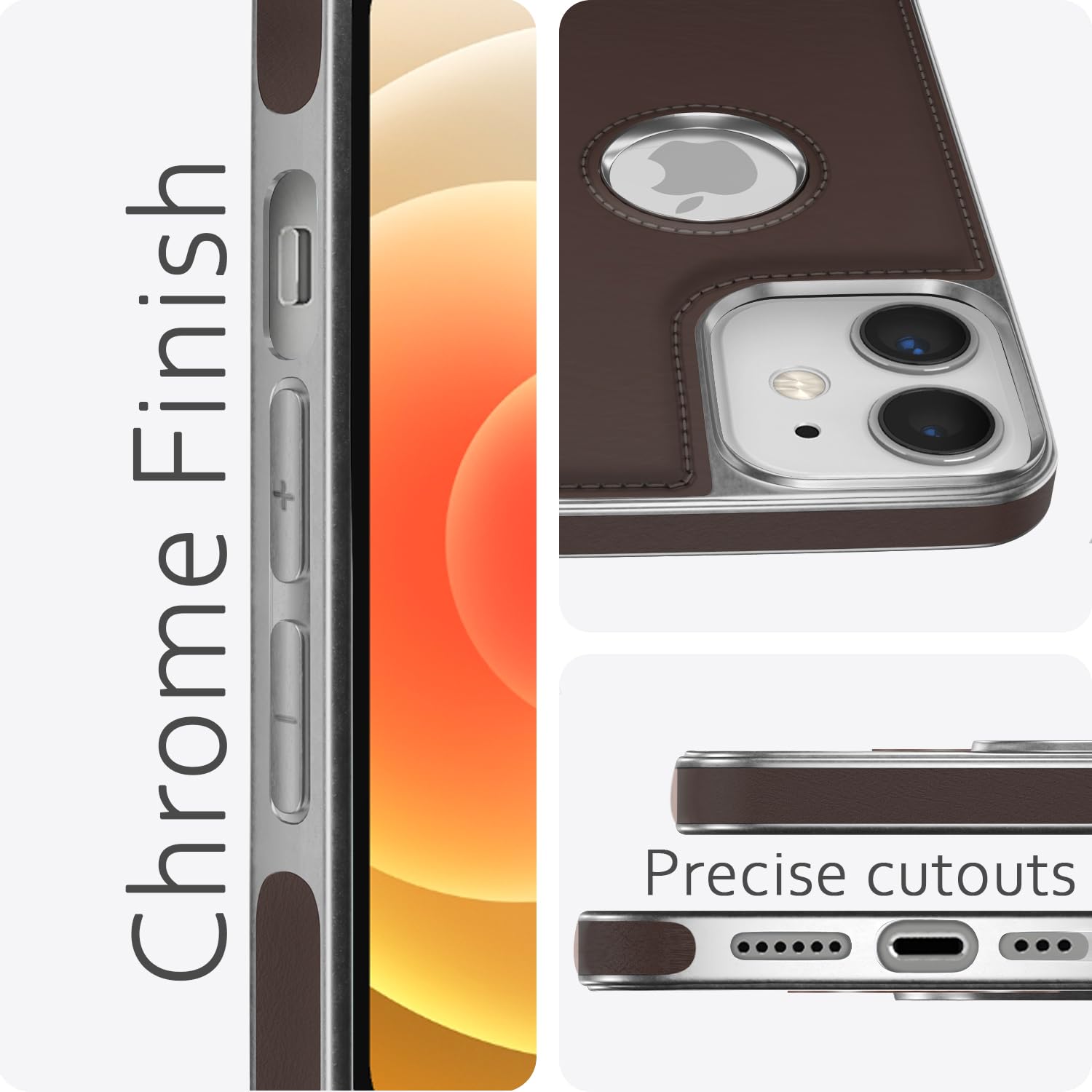 Pikkme iPhone 12 Mini Silver Electroplated Chrome Leather Back Cover (Coffee)