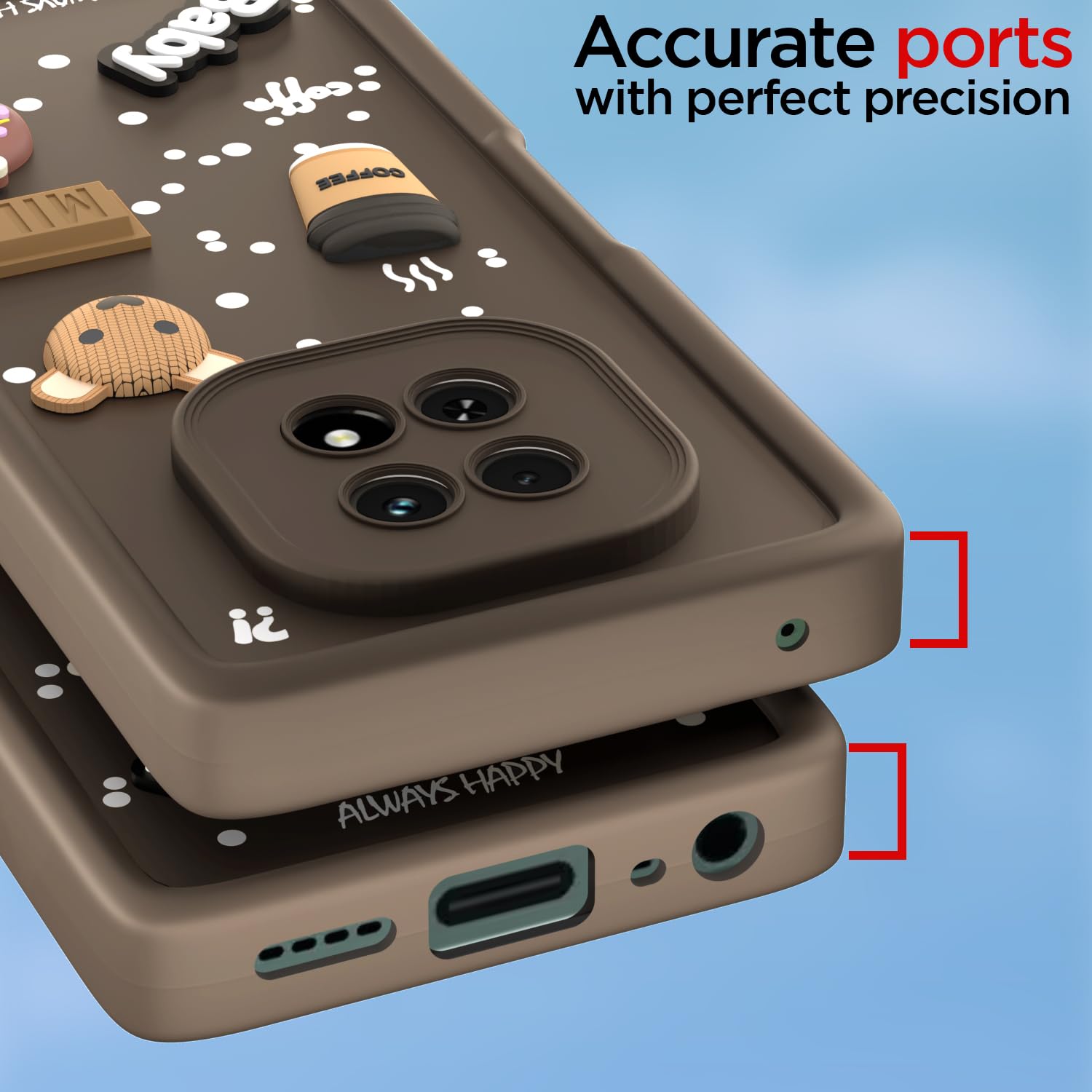 Pikkme Realme C63 5G Cute Fun Cartoon 3D Bear Coffee Back Cover (Brown)
