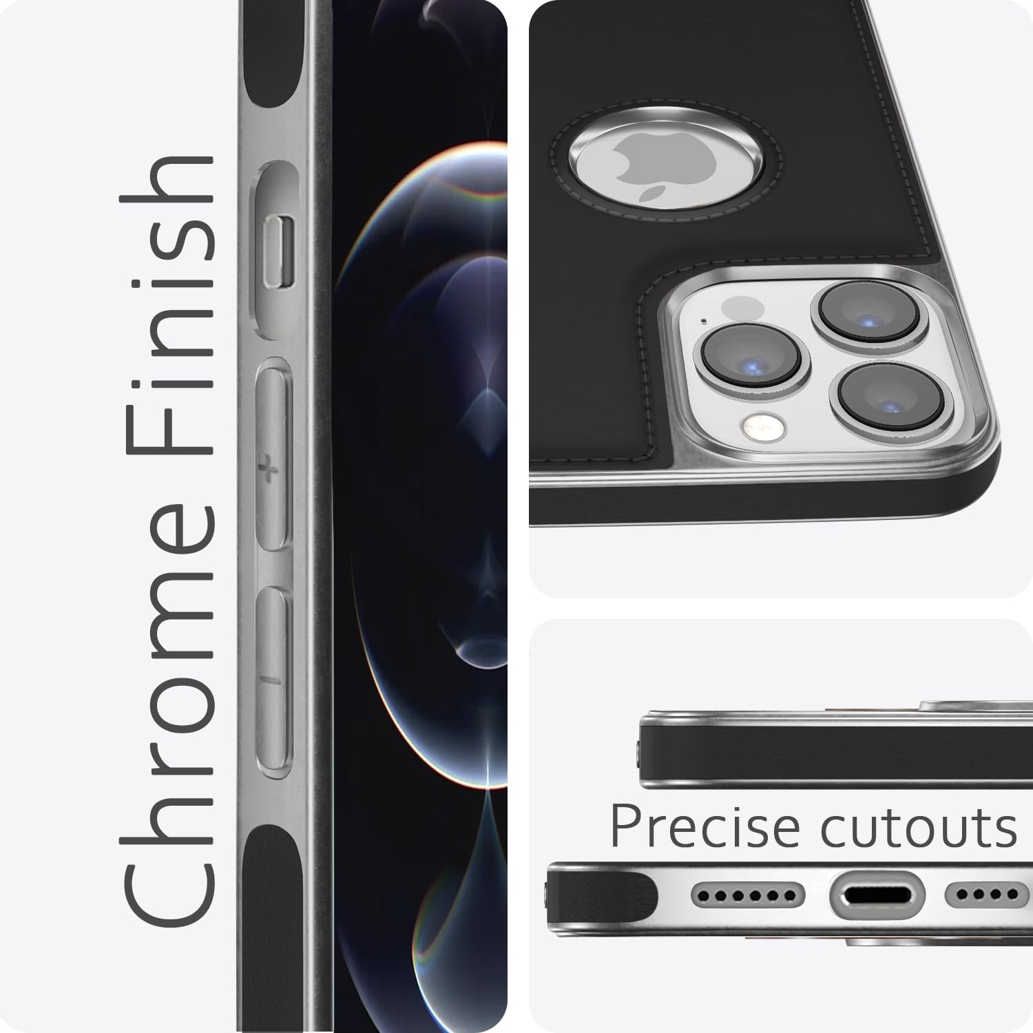 Pikkme iPhone 12 Pro Max Silver Electroplated Chrome Leather Back Cover (Black)