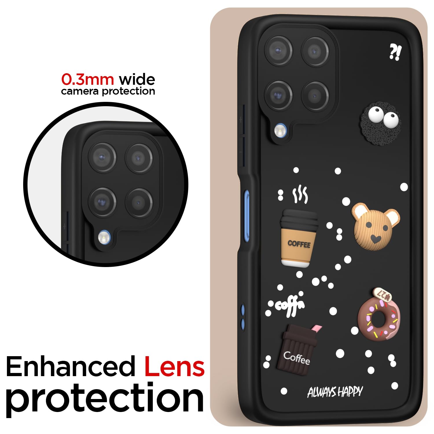 Pikkme Samsung Galaxy M12 / F12 / A12 Cute Fun Cartoon 3D Bear Coffee Back Cover (Black)
