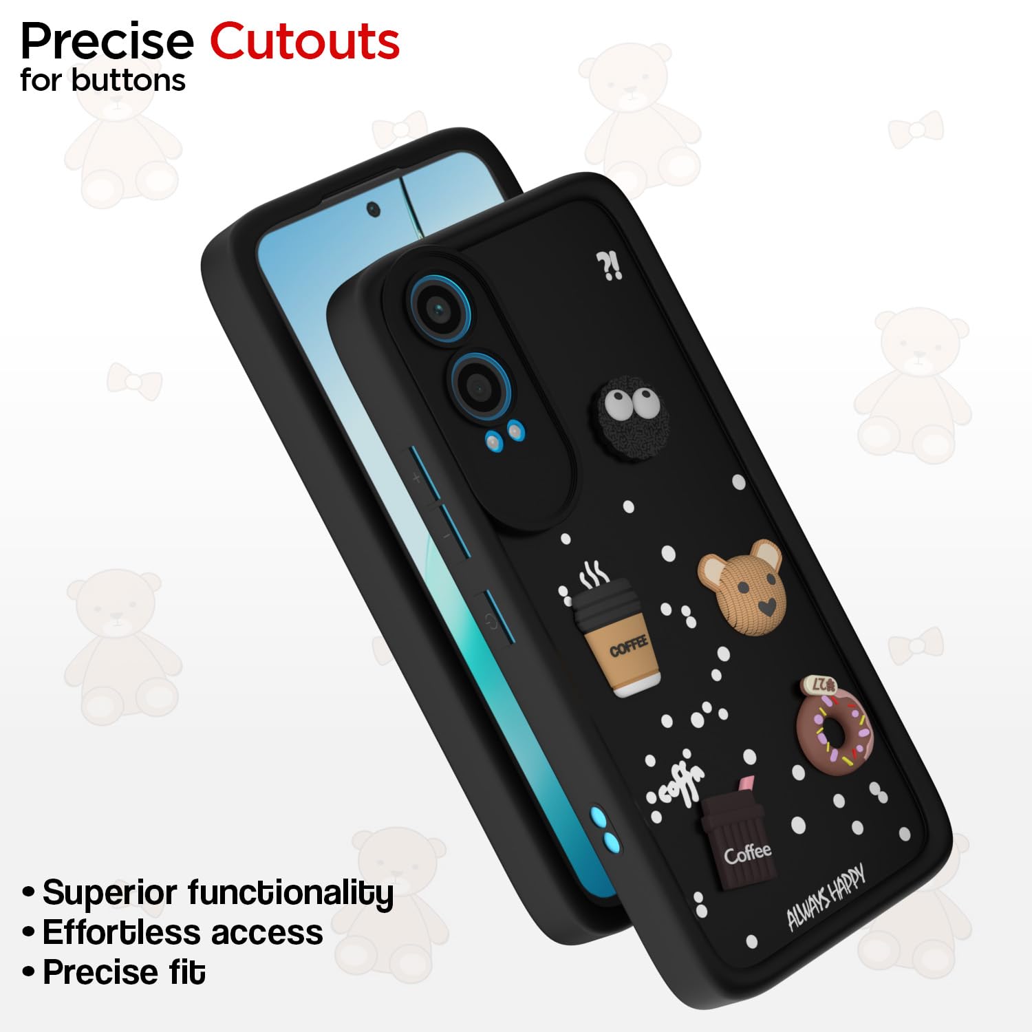 Pikkme OnePlus Nord Ce 4 Lite 5G Cute Fun Cartoon 3D Bear Coffee Back Cover (Black)