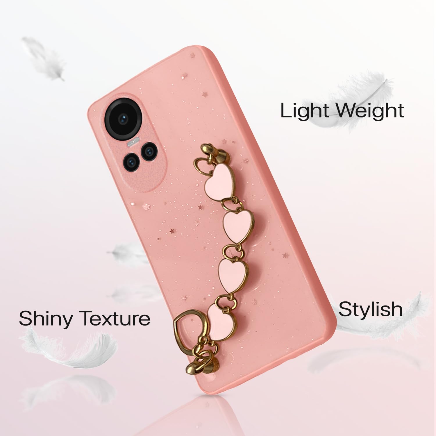 Pikkme Oppo Reno 10 5G Back Cover for Girls | Heart Shaped Metal Chain Blocks | Sparkling Soft TPU | Case for Oppo Reno 10 5G (Pink)