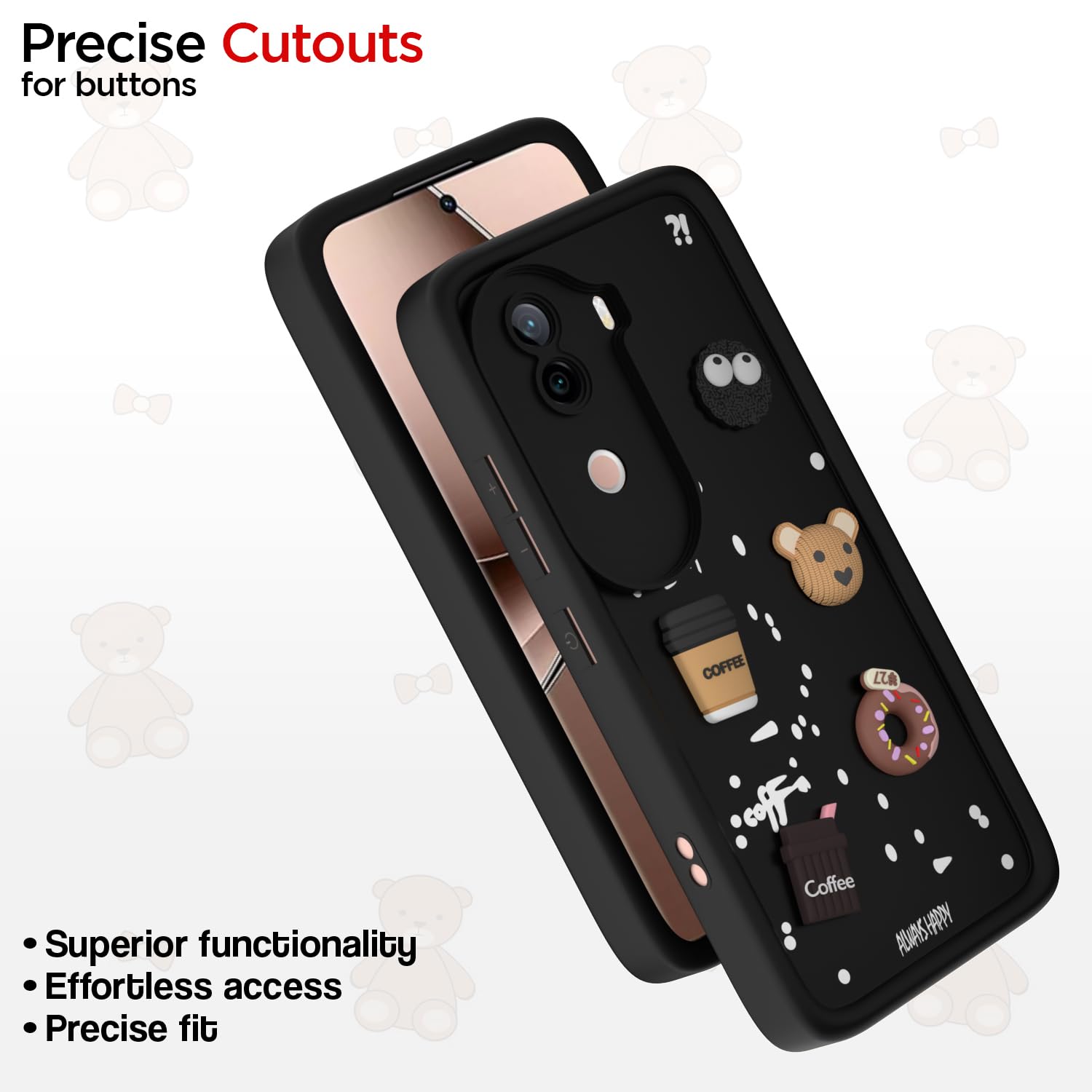 Pikkme iQoo Z9s 5G / Vivo V40e 5G Cute Fun Cartoon 3D Bear Coffee Back Cover (Black)