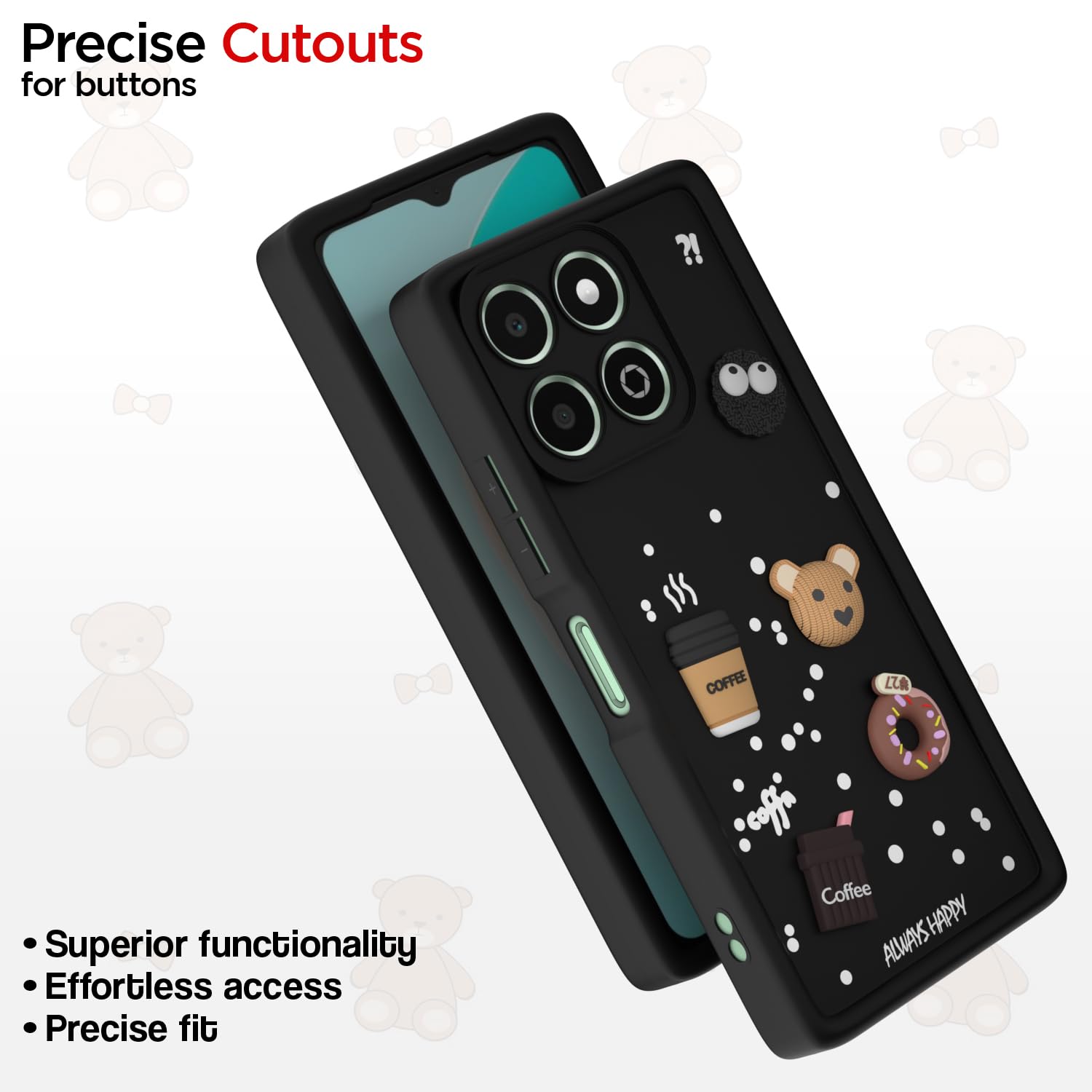 Pikkme Honor X6b Cute Fun Cartoon 3D Bear Coffee Back Cover (Black)