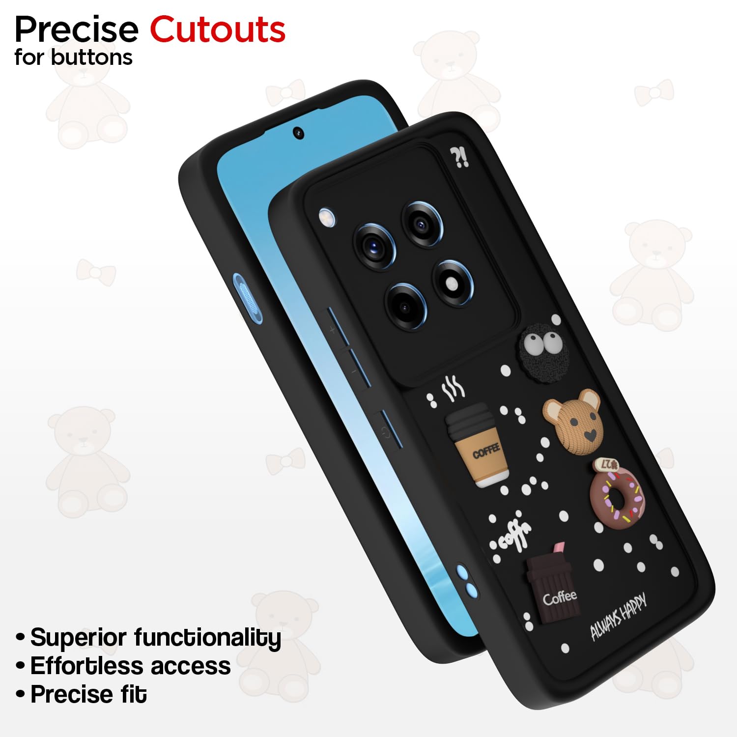 Pikkme OnePlus 12R 5G Cute Fun Cartoon 3D Bear Coffee Back Cover (Black)