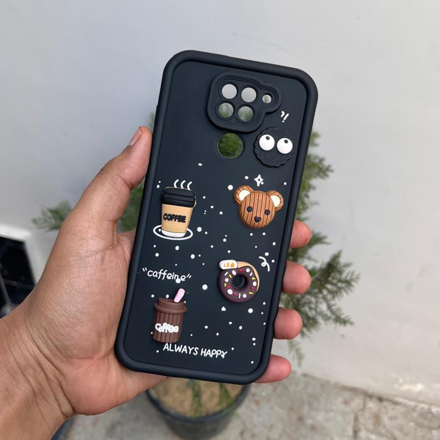 Pikkme Redmi Note 9 Cute Fun Cartoon 3D Bear Coffee Back Cover (Black)