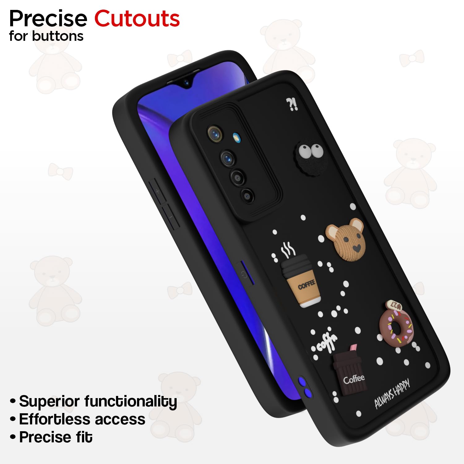 Pikkme Realme XT/Realme X2 Cute Fun Cartoon 3D Bear Coffee Back Cover (Black)